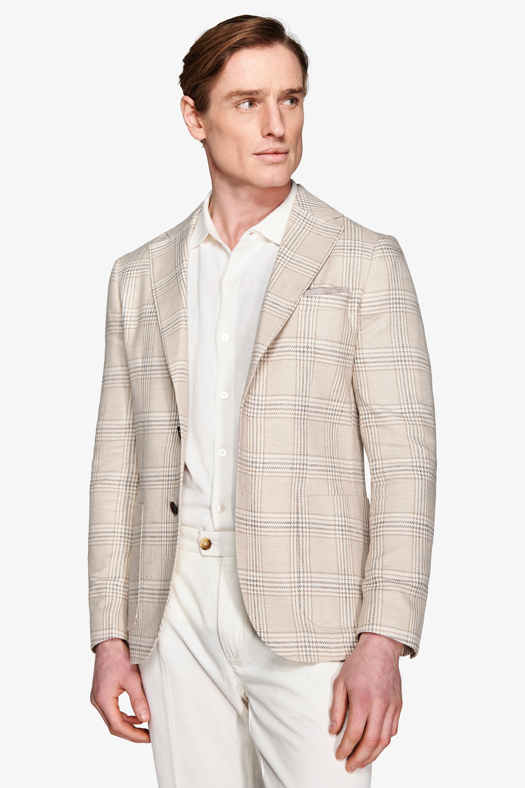 Jacke aus Leinenmischung mit grobem Karomuster in Sandfarbe