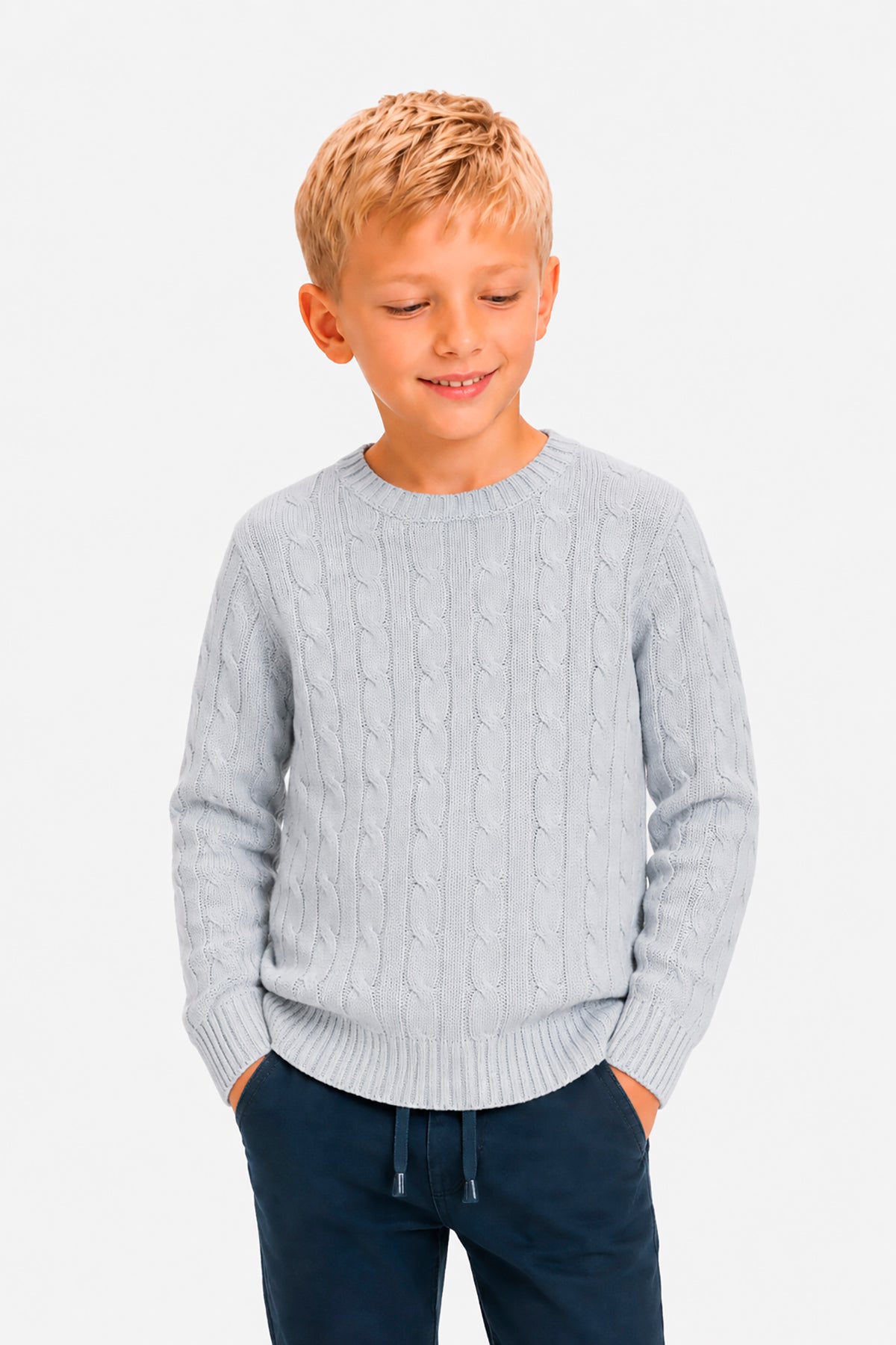 Rundhalspullover mit Zopfmuster in Himmelblau Kids