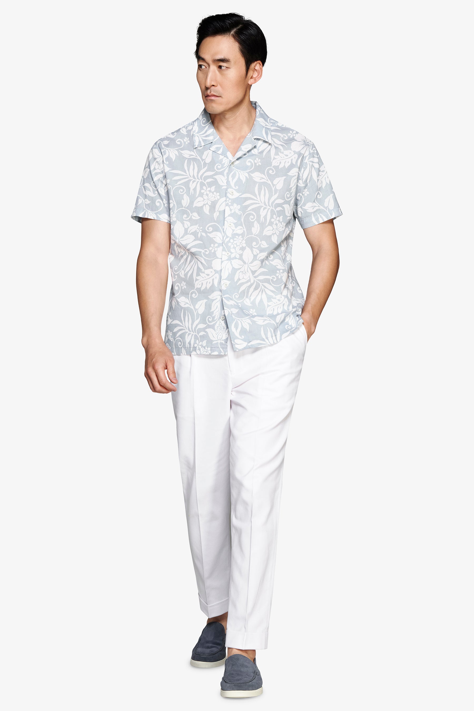 Camicia misto lino hawaiana celeste