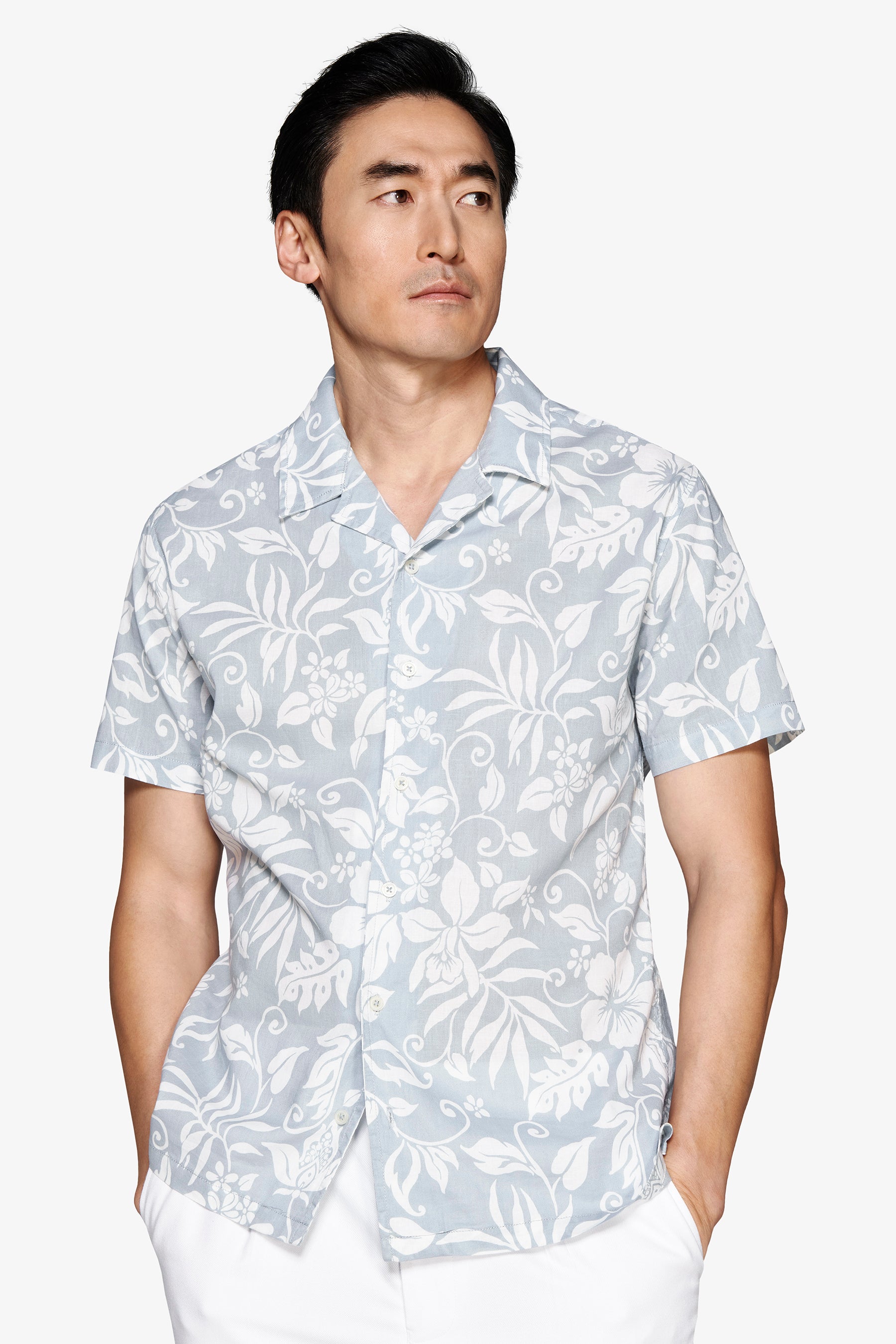 Camicia misto lino hawaiana celeste