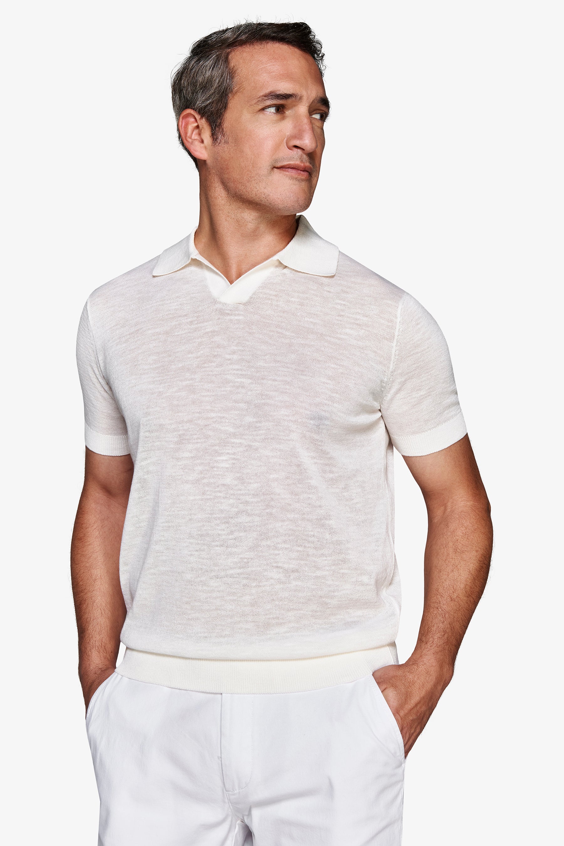 Cream linen blend knit polo