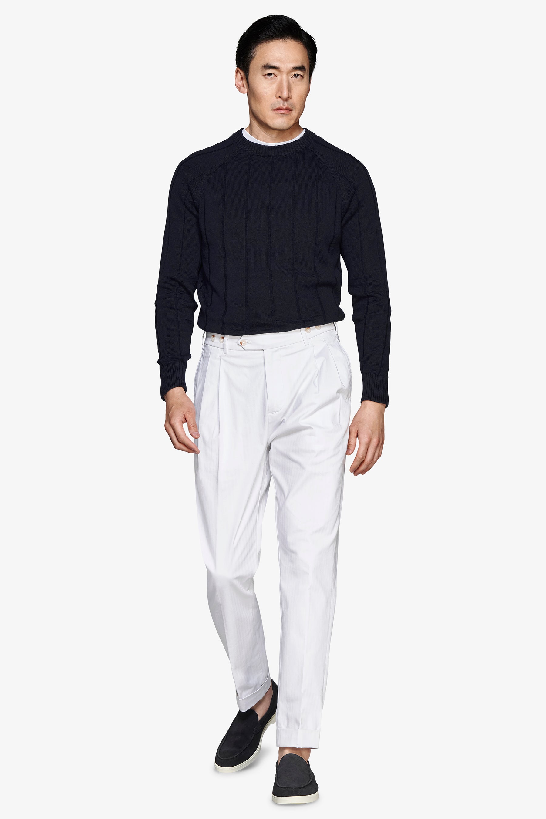 M/L, flacher, gerippter Rundhalsausschnitt, Raglan, Marineblau