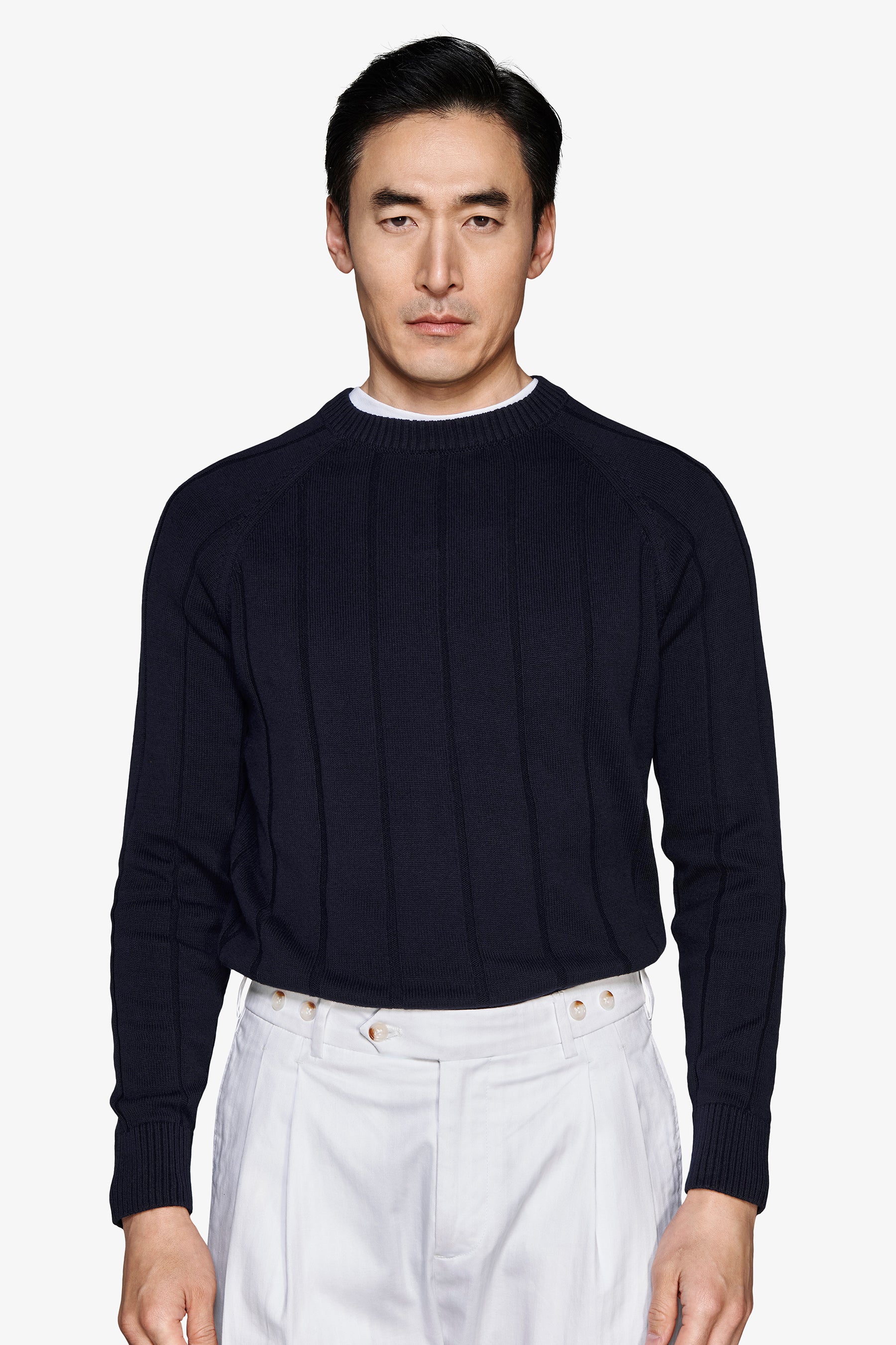 M/L, flacher, gerippter Rundhalsausschnitt, Raglan, Marineblau