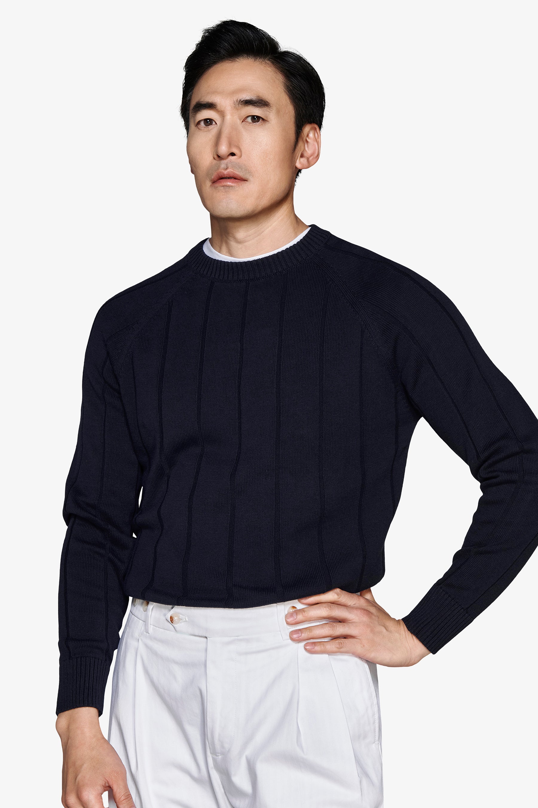 M/L, flacher, gerippter Rundhalsausschnitt, Raglan, Marineblau