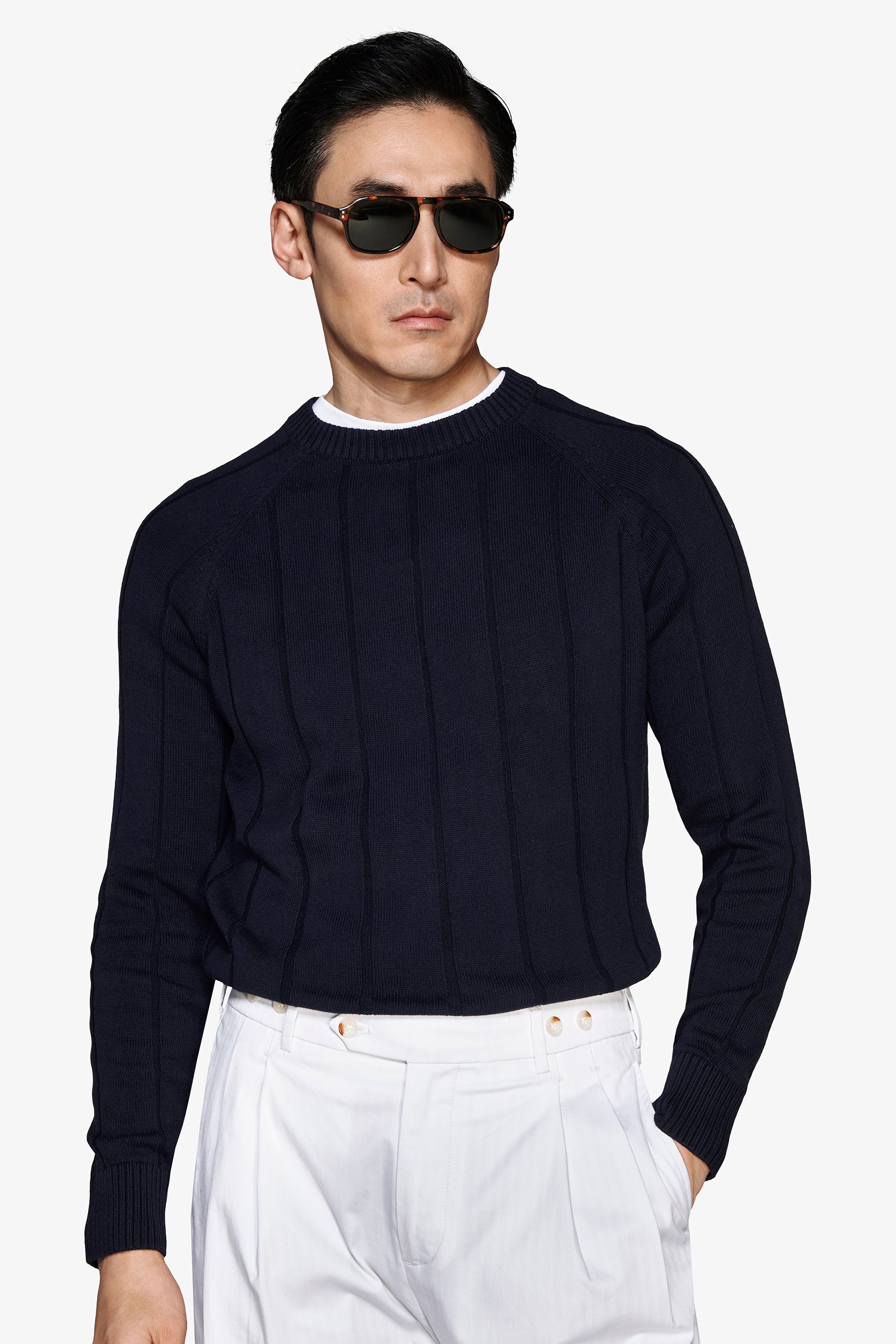 M/L, flacher, gerippter Rundhalsausschnitt, Raglan, Marineblau