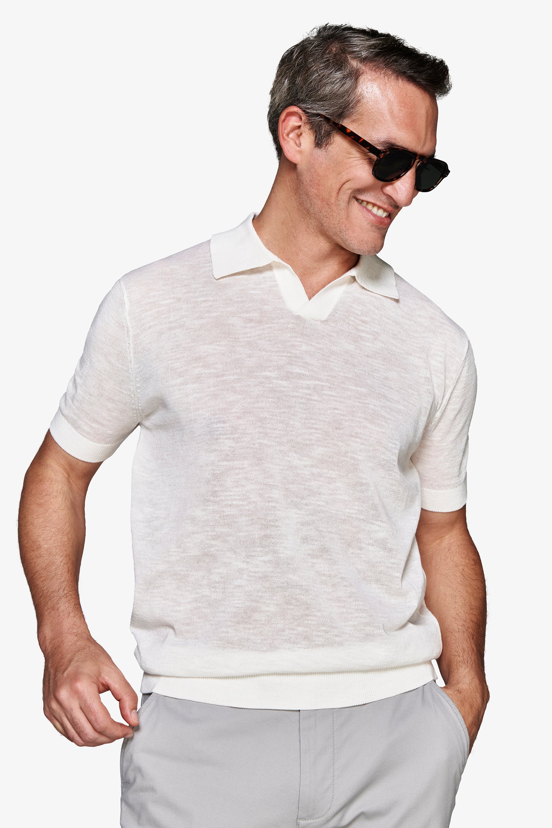 Cream linen blend knit polo