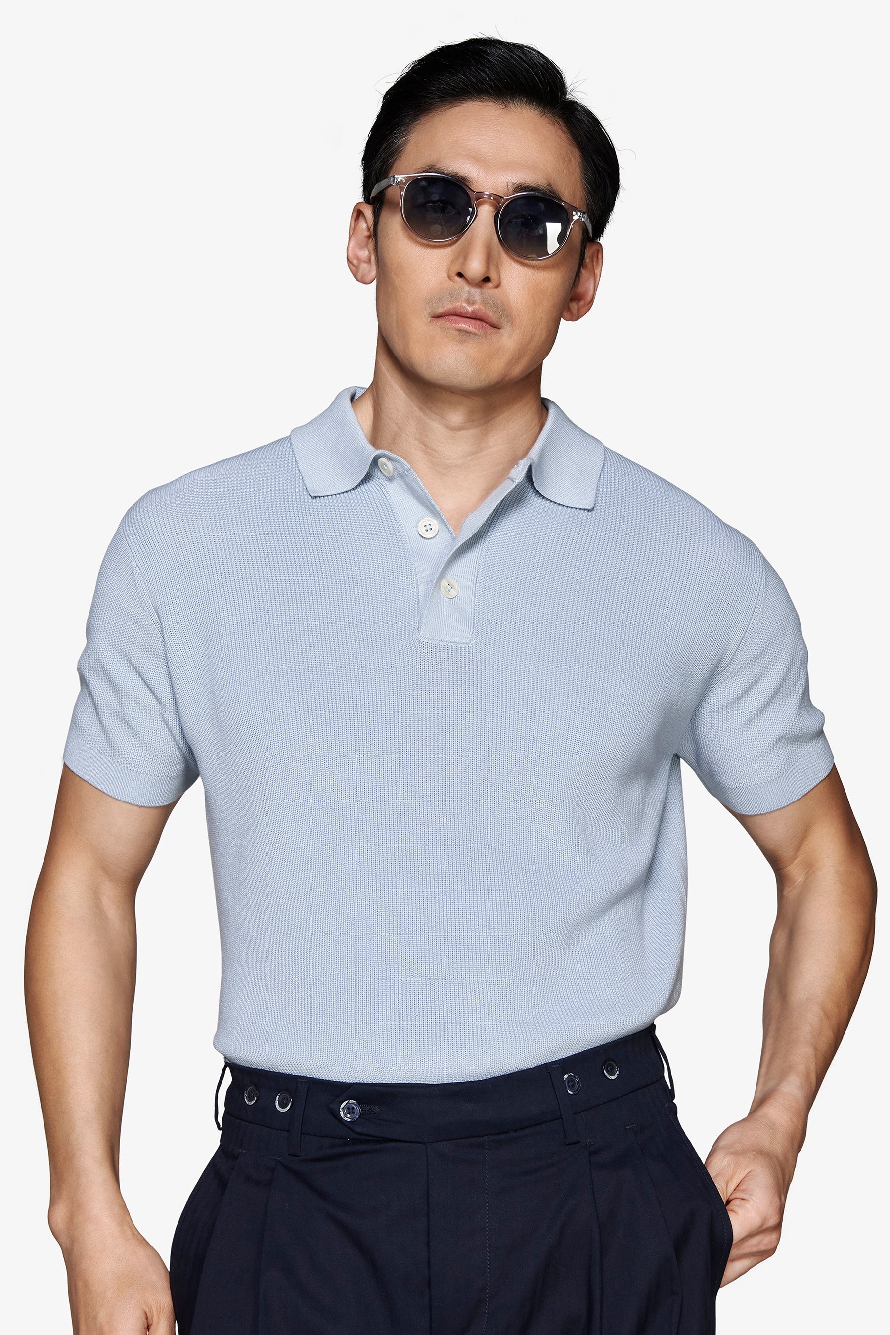 HELLBLAUES KERNSTICH-S/S-POLOSHIRT