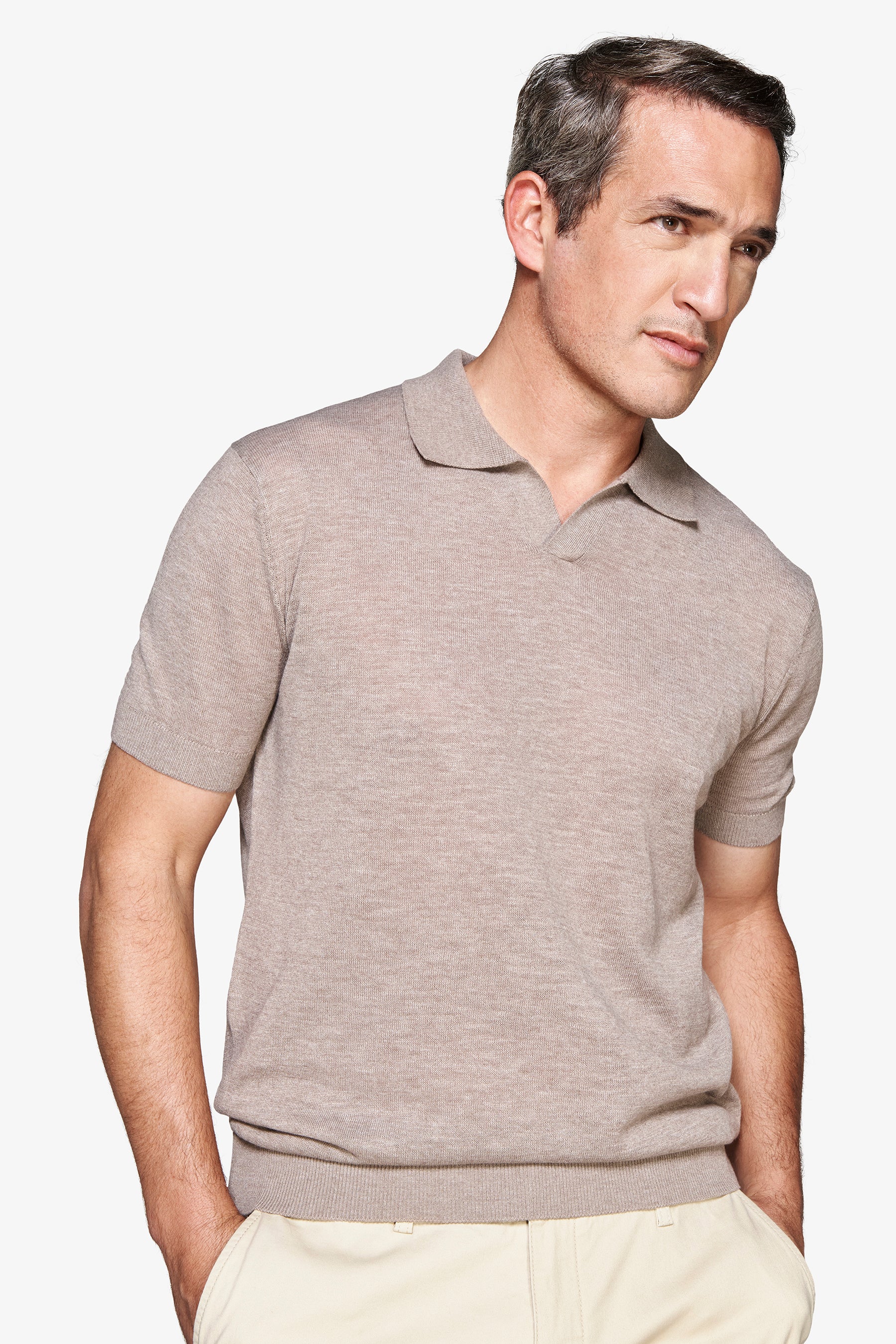 Taupe linen blend knit polo
