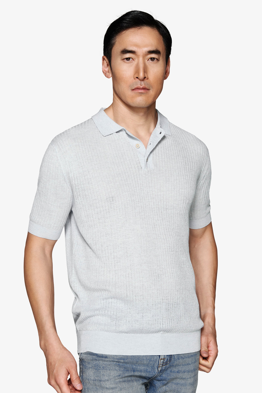 Light blue linen blend knit polo shirt