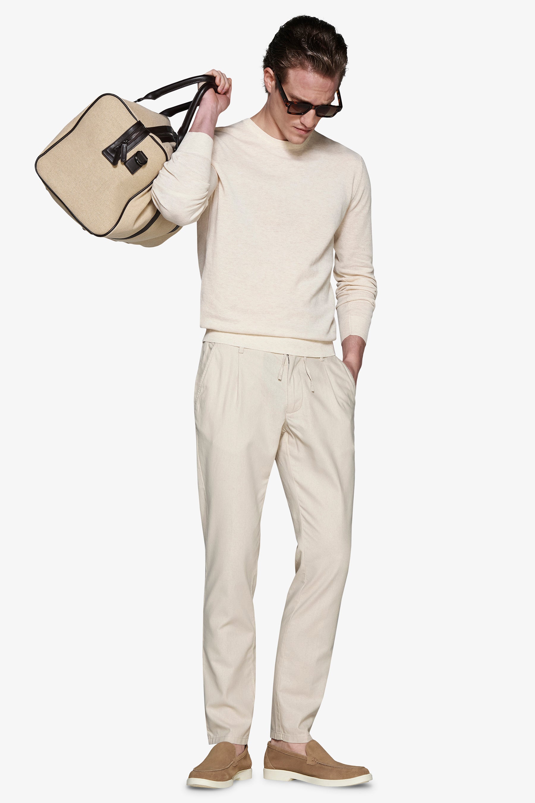 Sand melange textured crewneck sweater