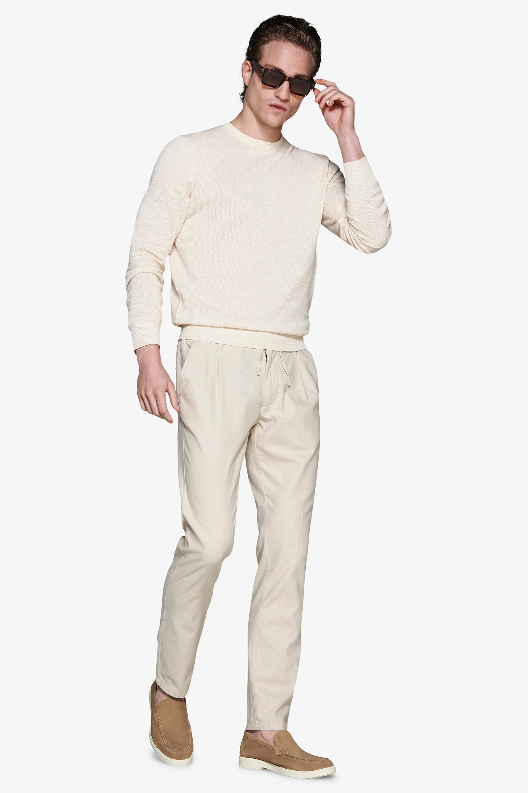 Sand melange textured crewneck sweater