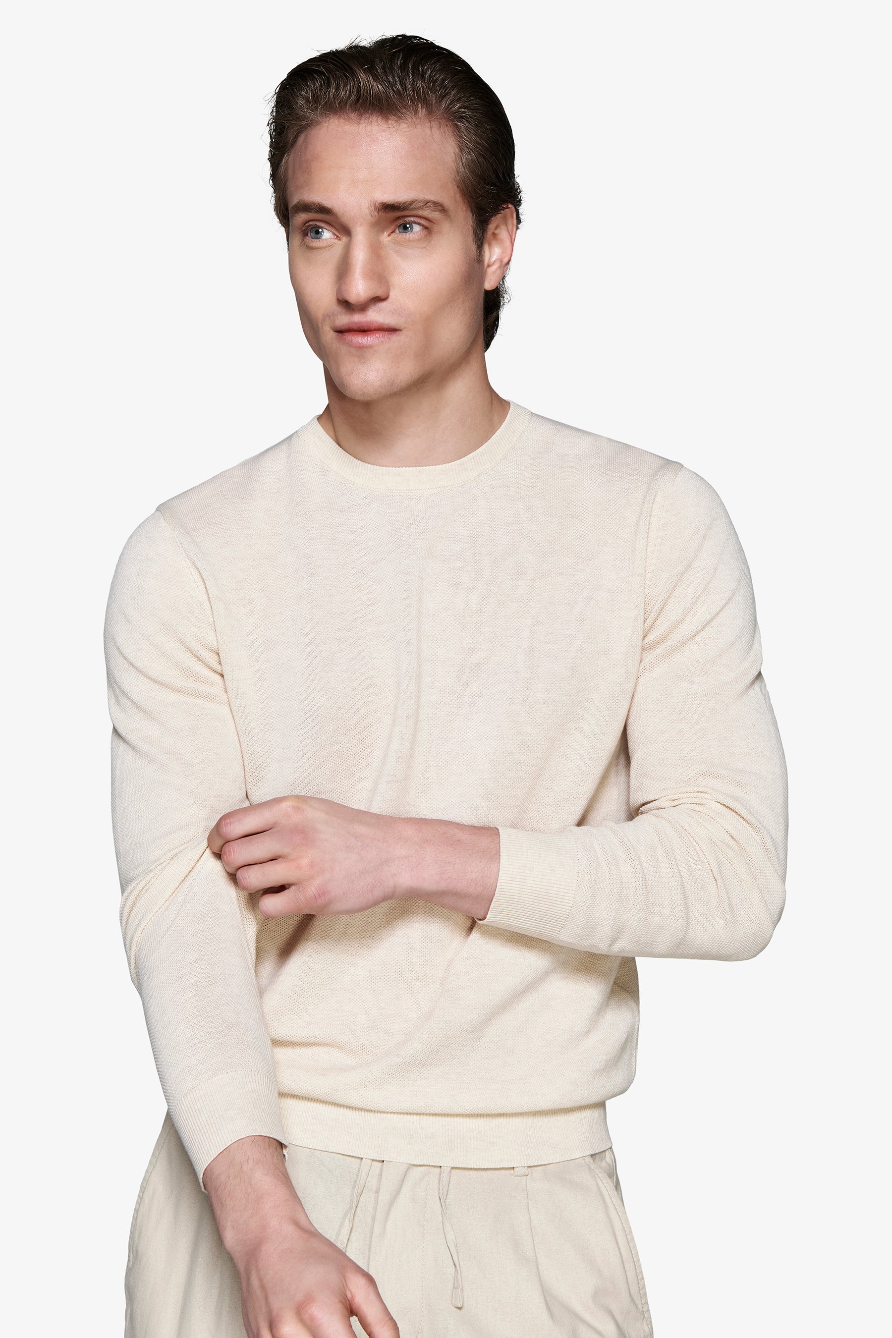 Jersey de cuello redondo texturizado jaspeado arena