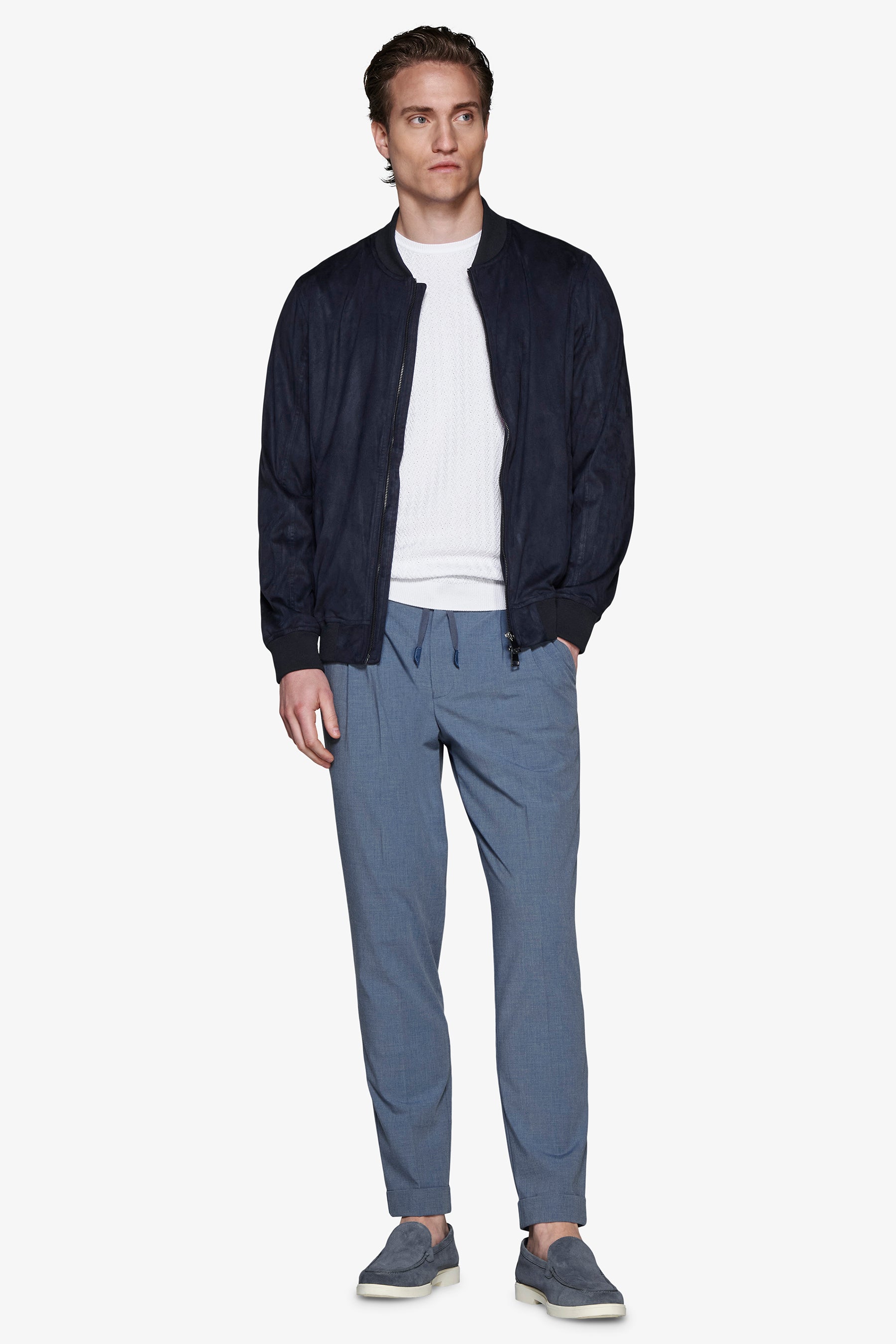 Cazadora bómber de cremallera completa en ante ecológico azul