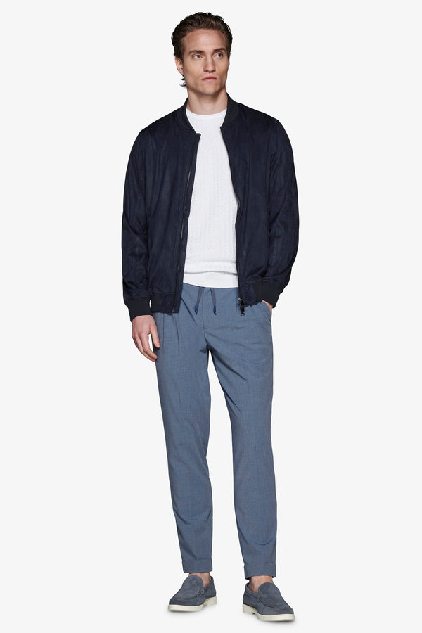 Blue ecosuede full zip bomber jacket