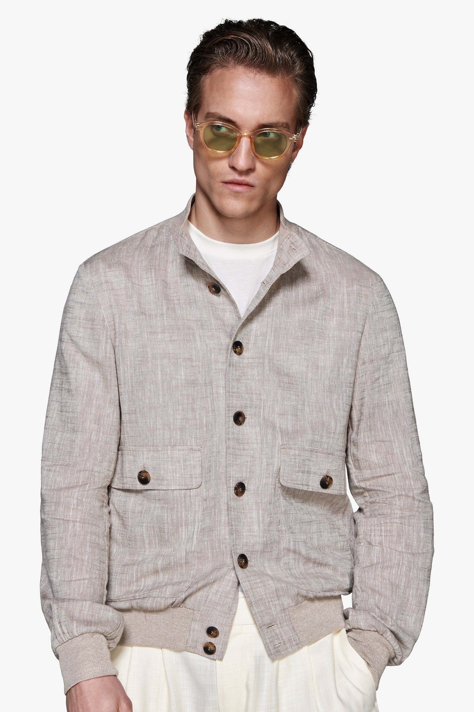 Taupe linen blend bomber jacket