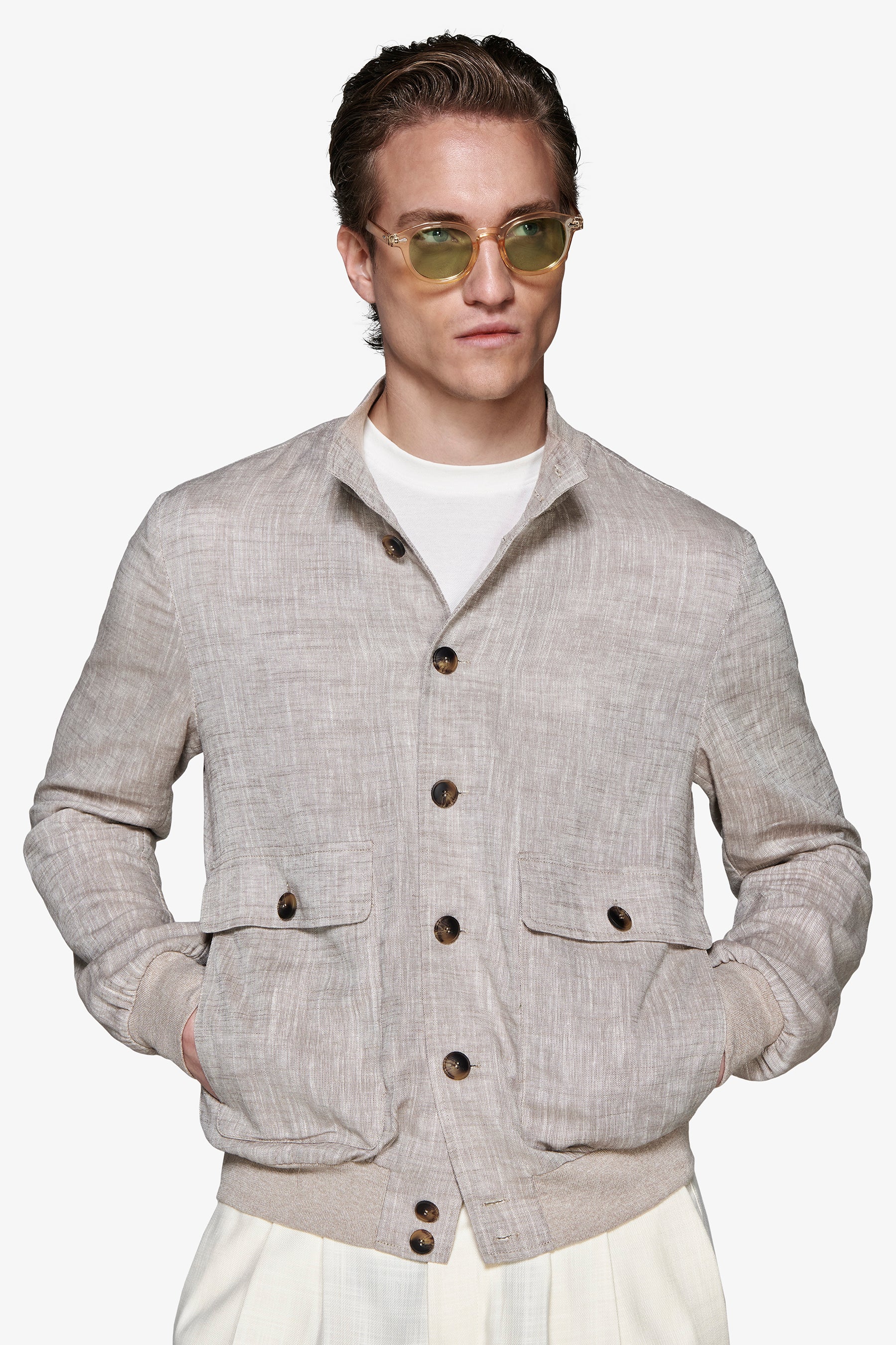 Taupe linen blend bomber jacket