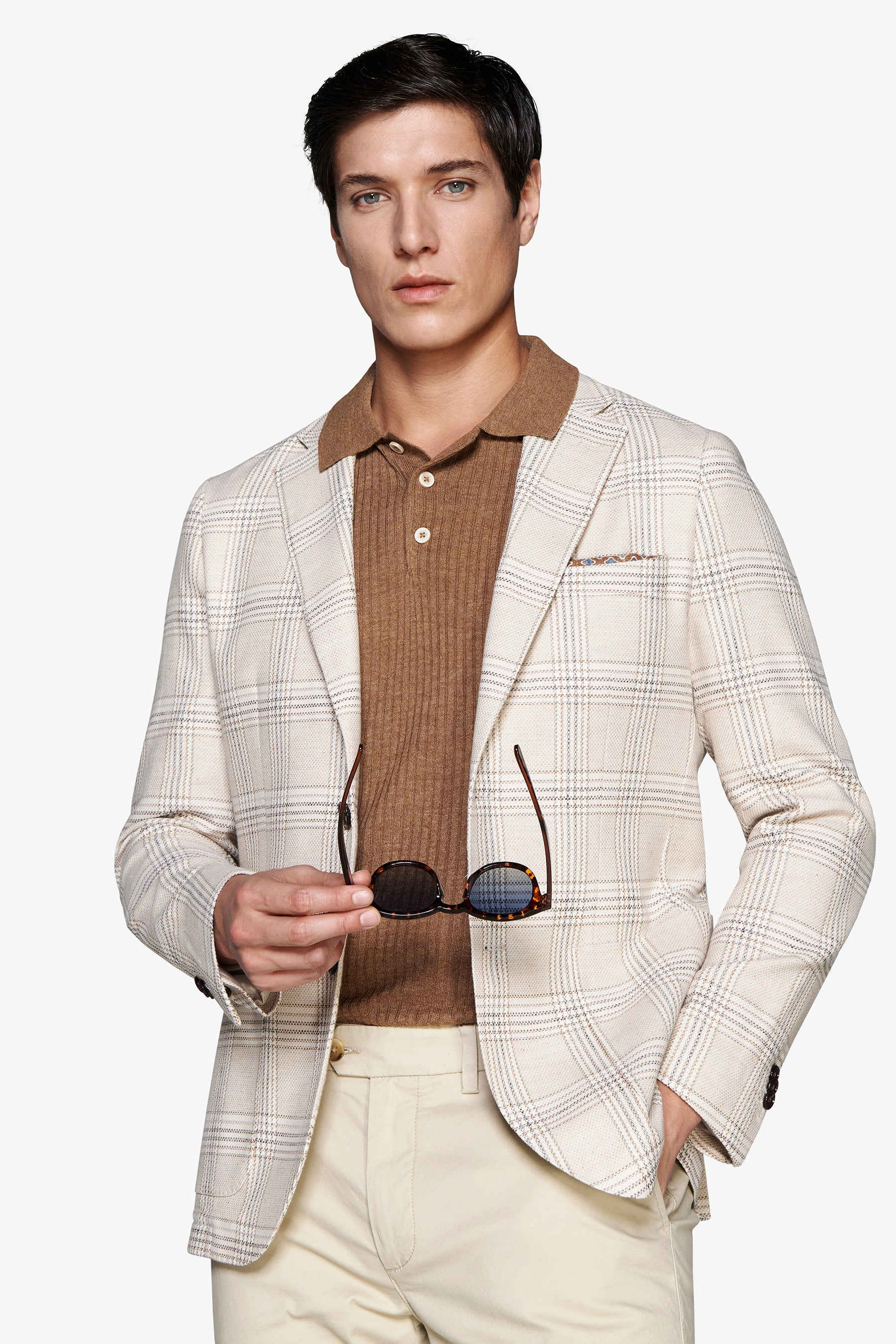 Sand linen blend overcheck blazer