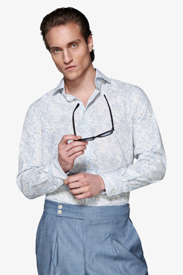 Light blue floral print linen blend shirt