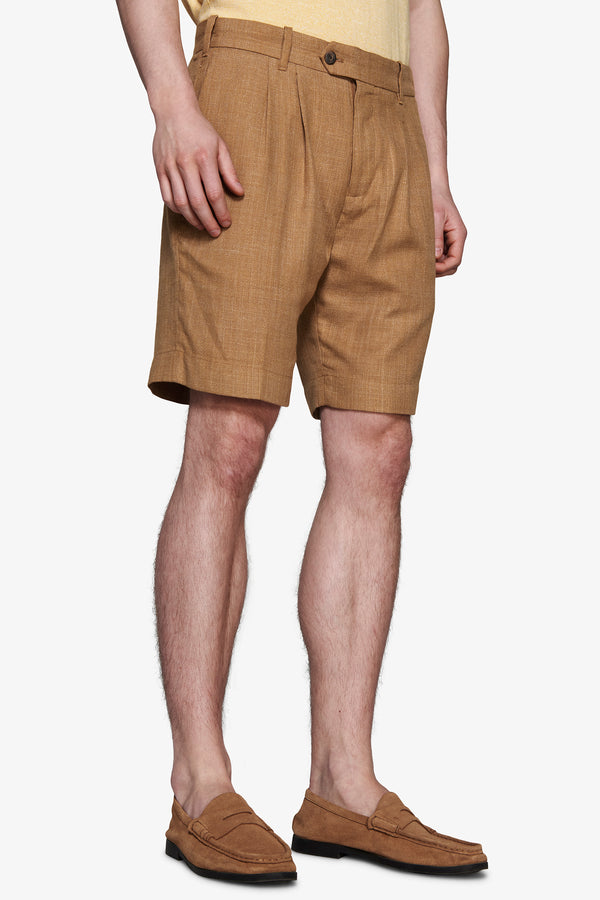 Tobacco linen blend Bermuda Shorts with pleats