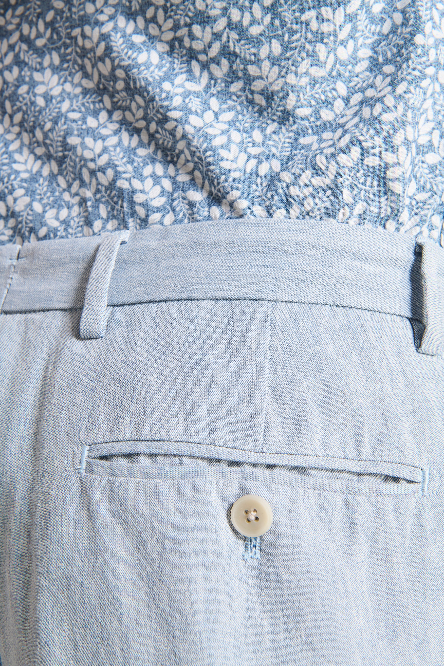 Pantaloni misto lino fiammati celesti