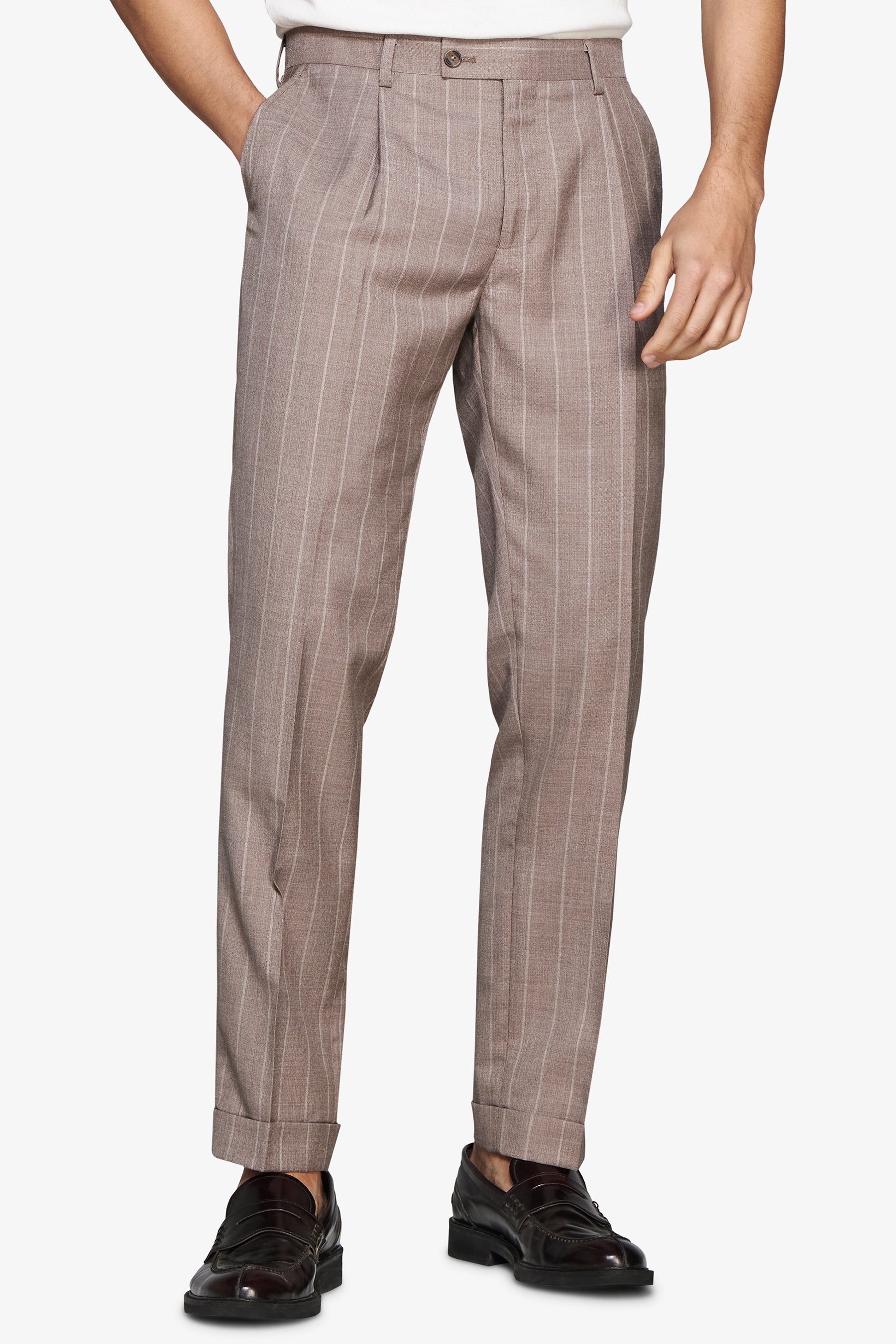 Pantalón mezcla de lino tela raya diplomática gris tórtola