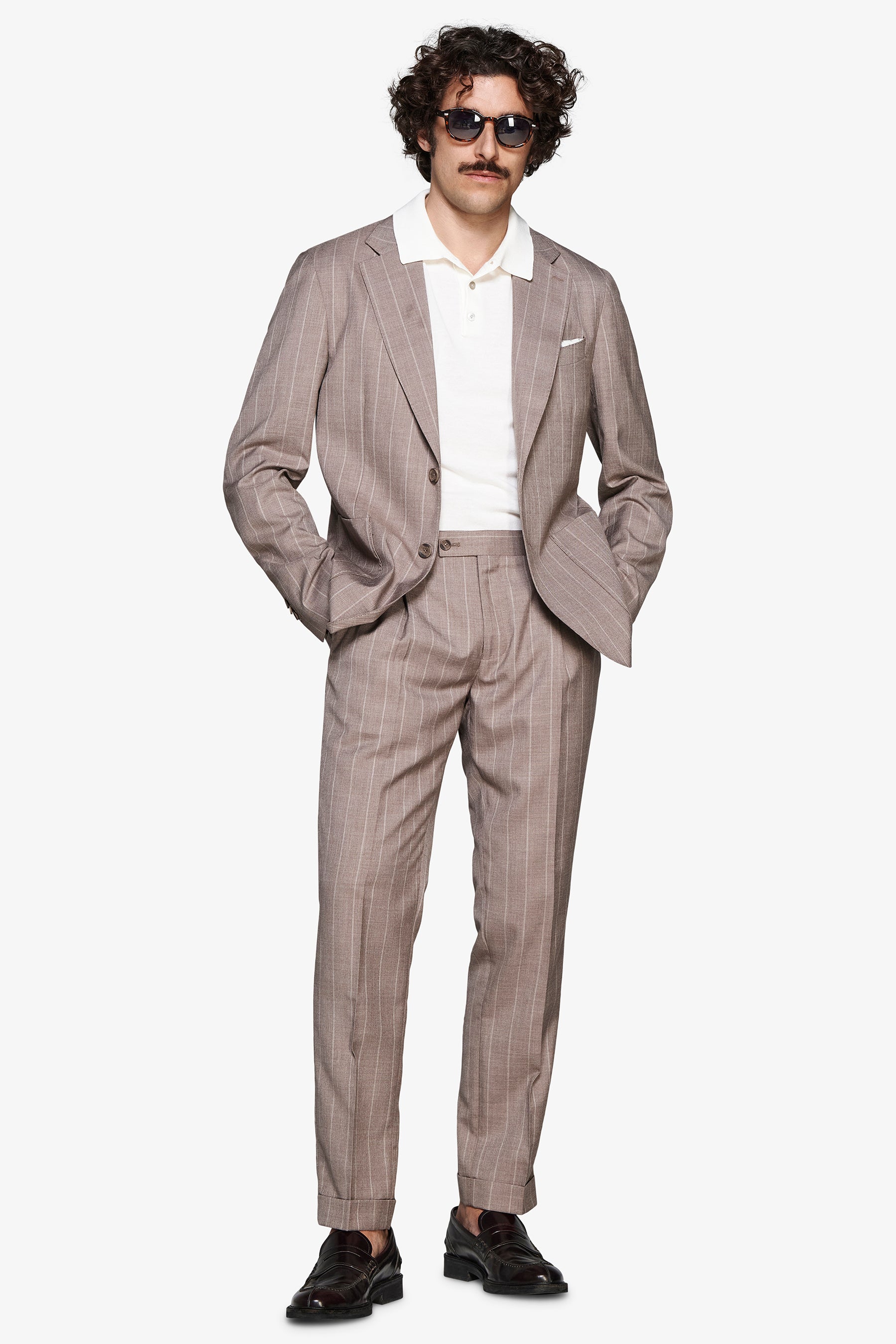 Taupe pinstripe linen blend blazer