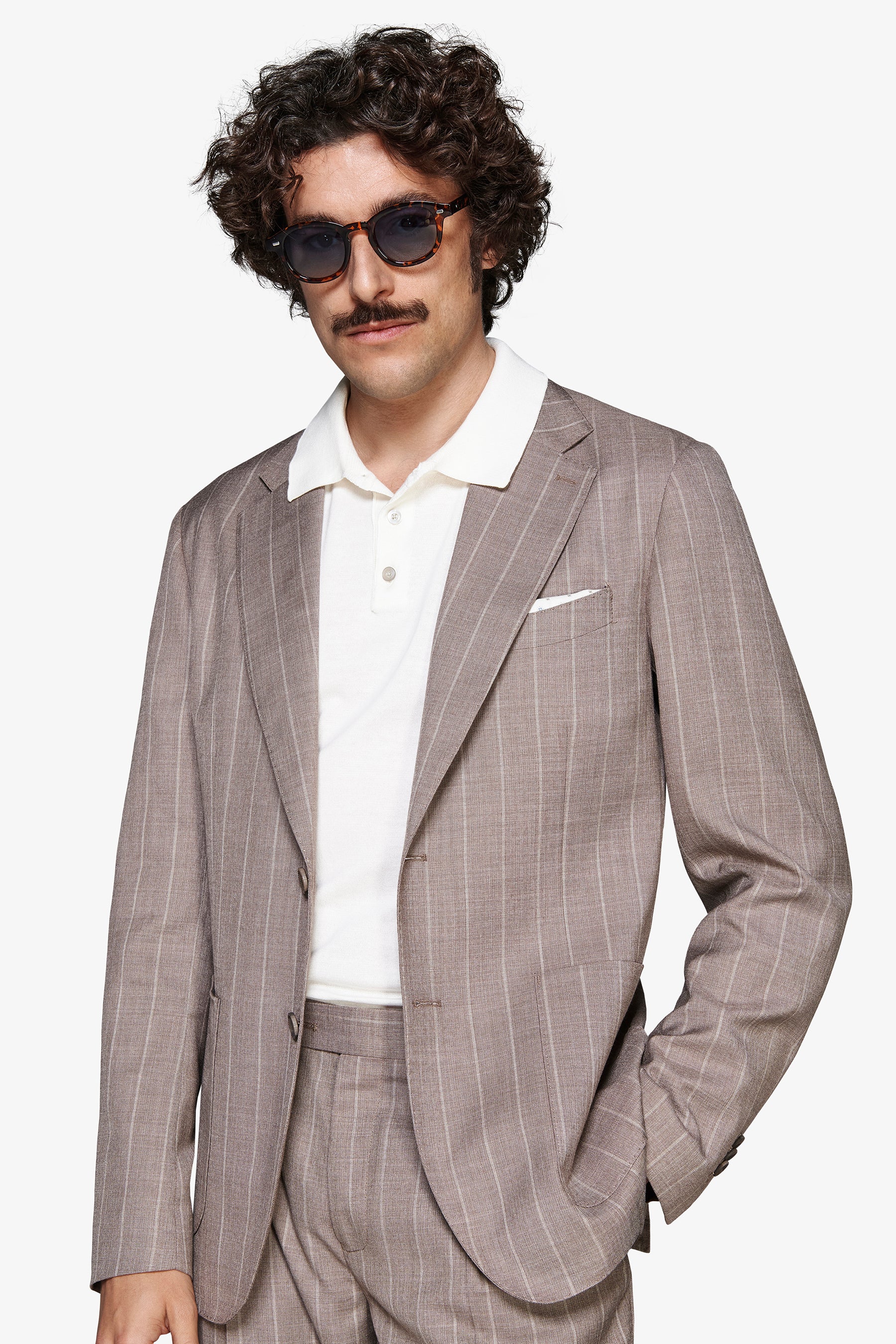 Taupe pinstripe linen blend blazer