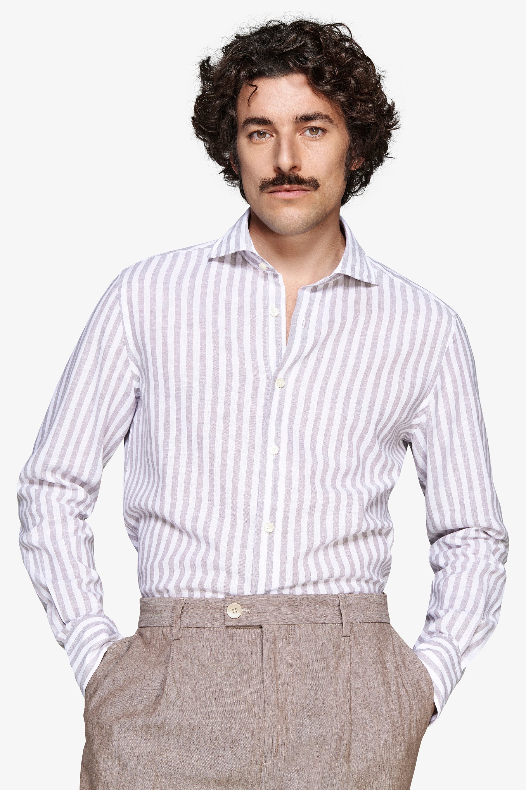 Camisa mezcla de lino a rayas gris tórtola