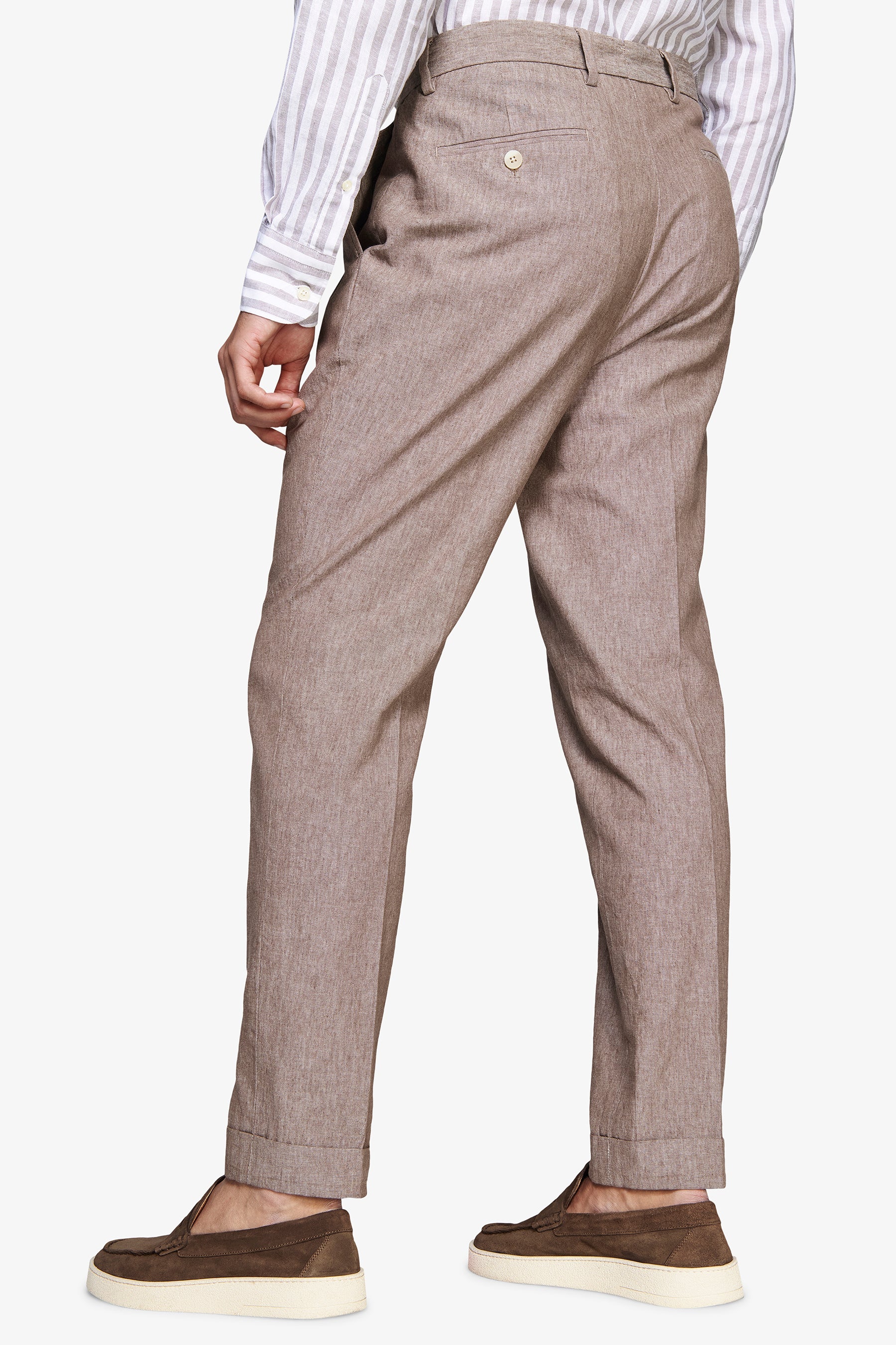 Pantaloni misto lino fiammati tortora