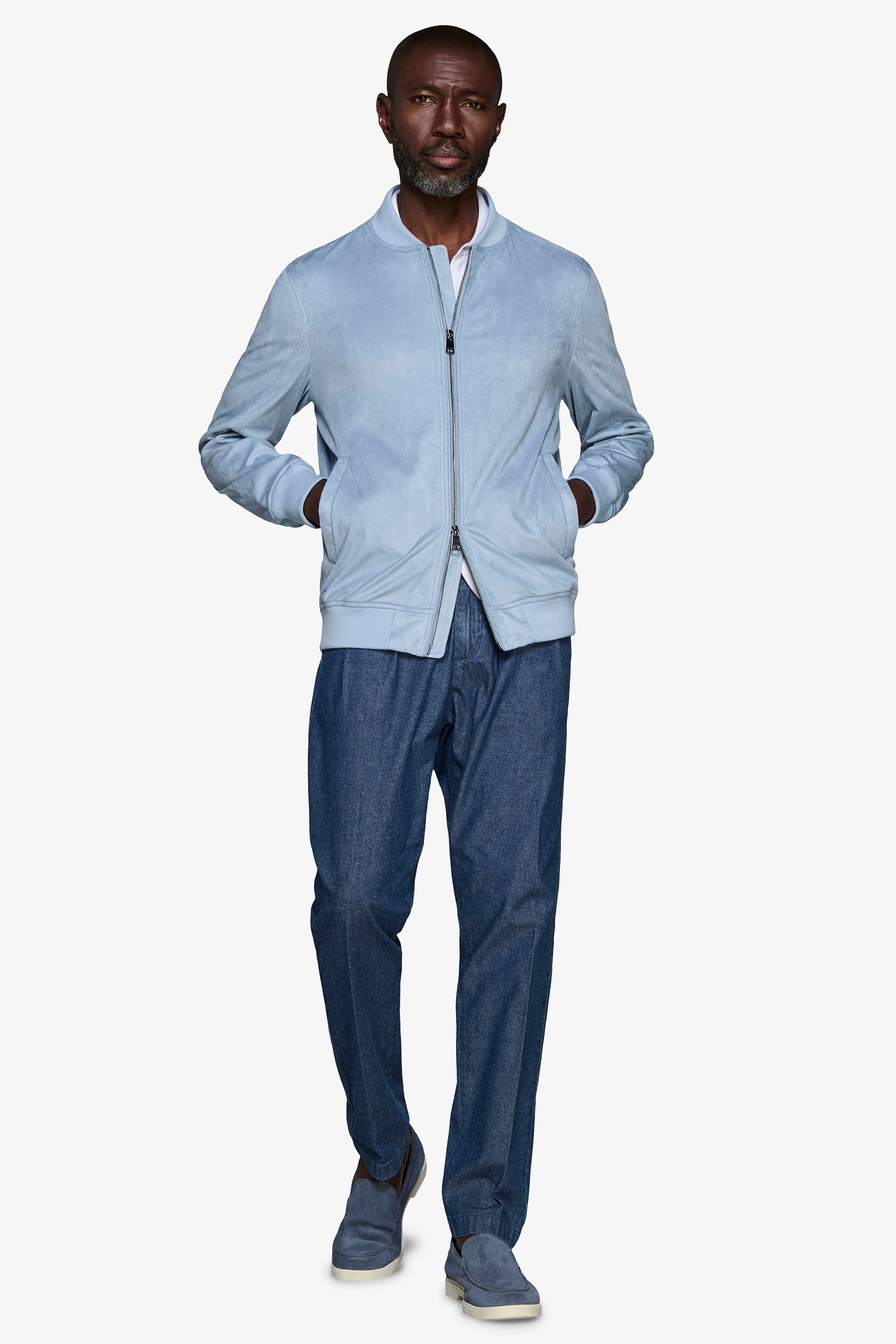 Cazadora bómber con cremallera completa en ante ecológico celeste