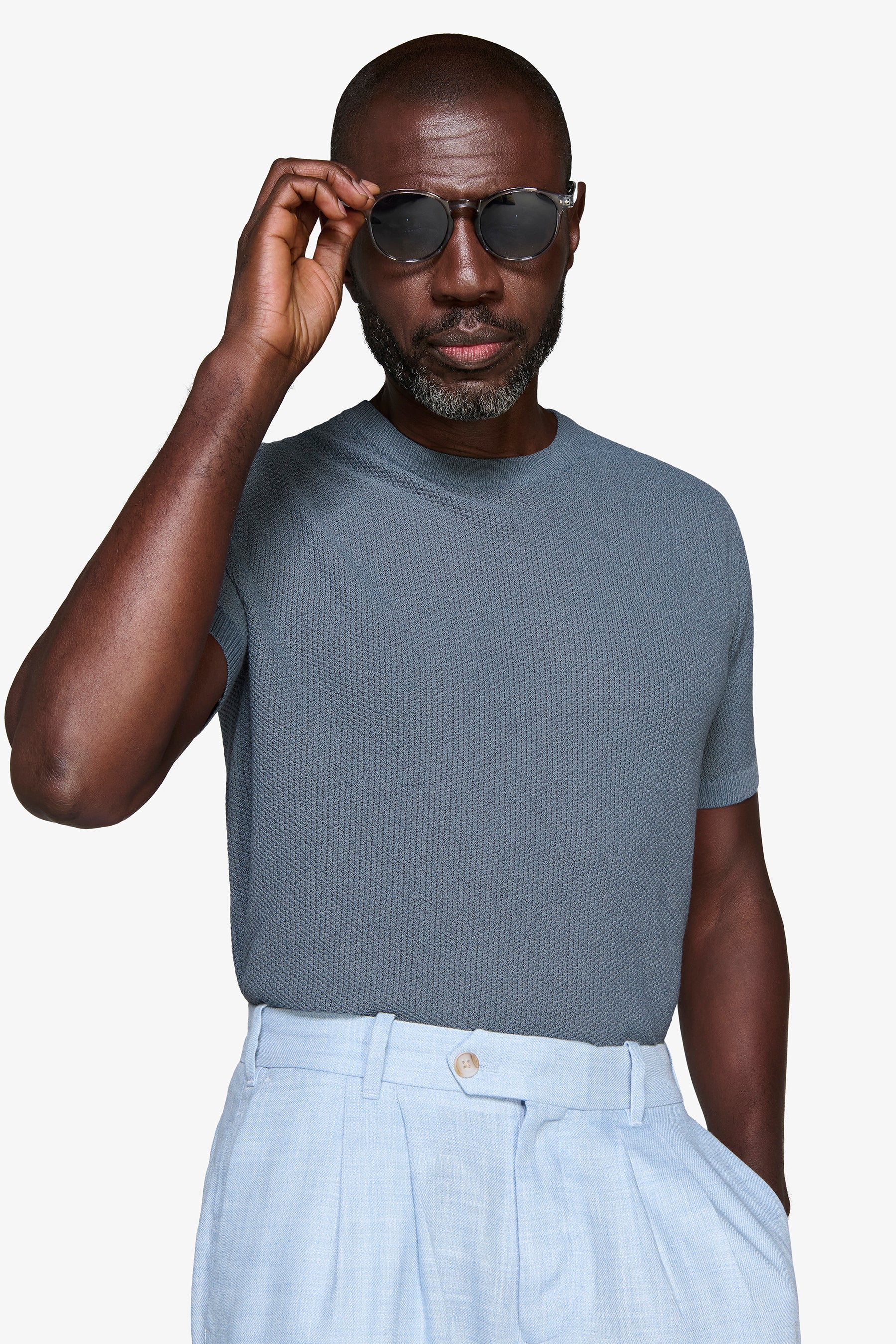 Pullover aus verstärkter Leinen-Mischung in Avion Blau.