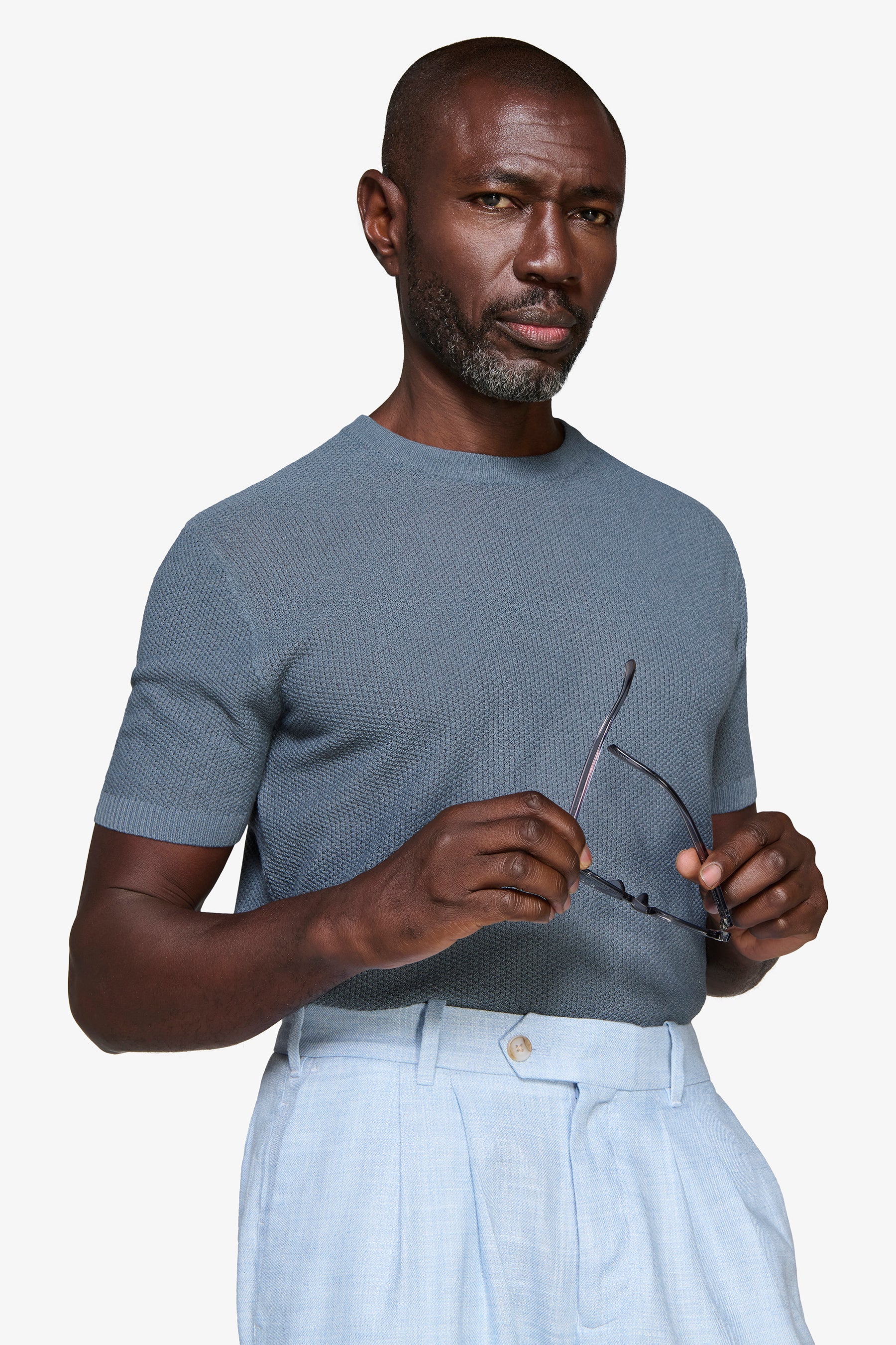 Pullover aus verstärkter Leinen-Mischung in Avion Blau.