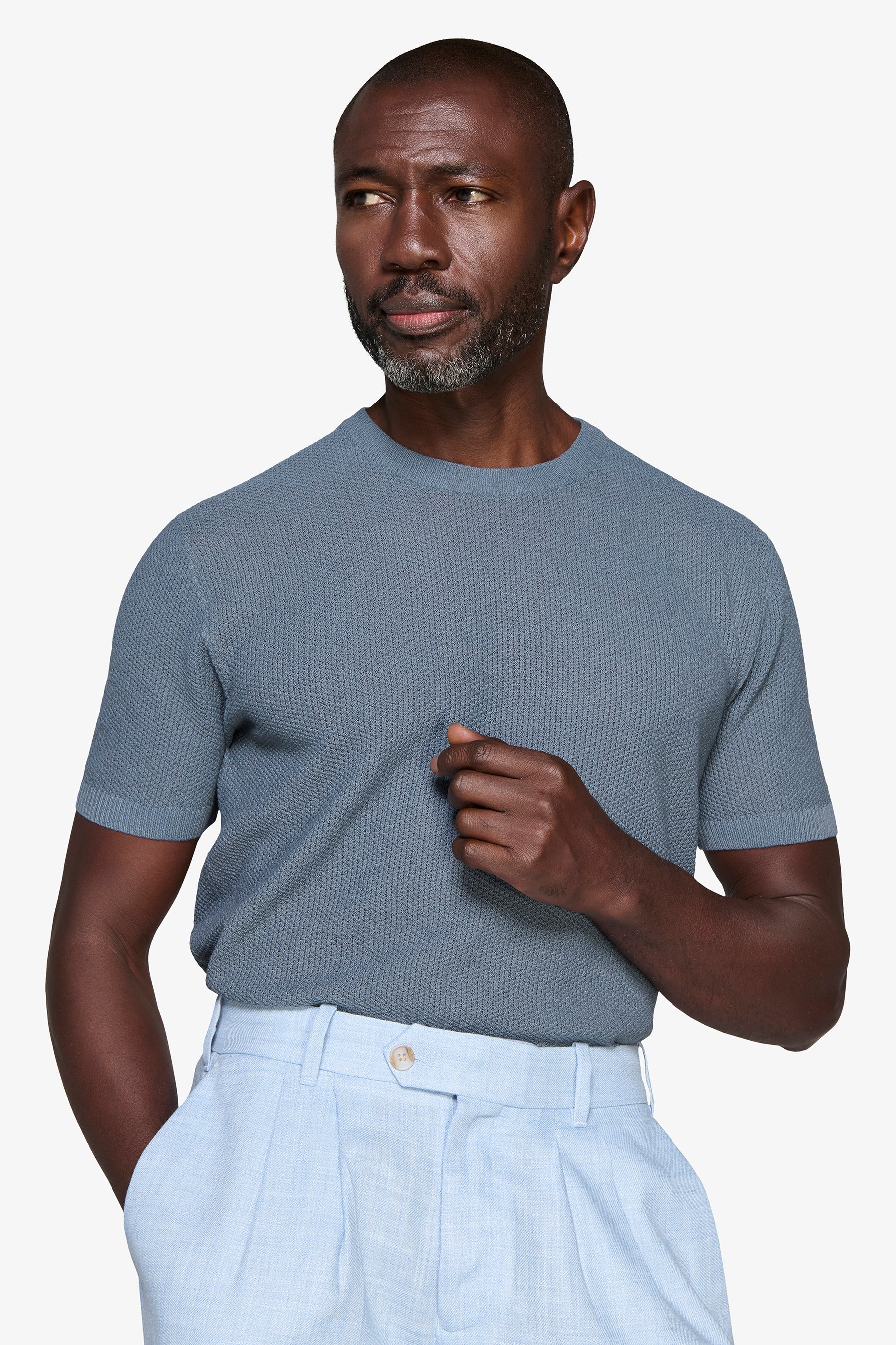 Pullover aus verstärkter Leinen-Mischung in Avion Blau.