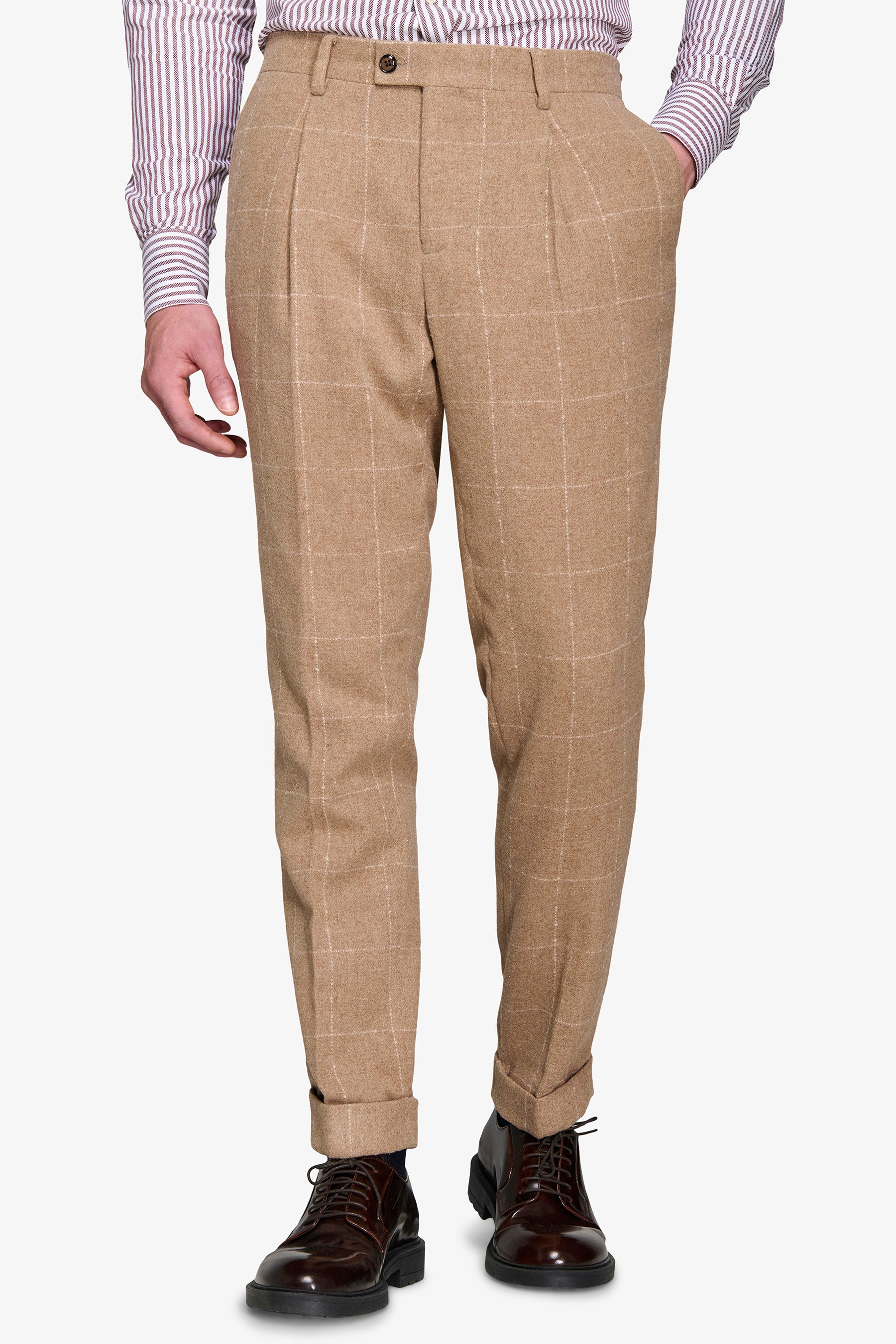 Pantaloni da abito finestrato misto lana cammello-Dan John