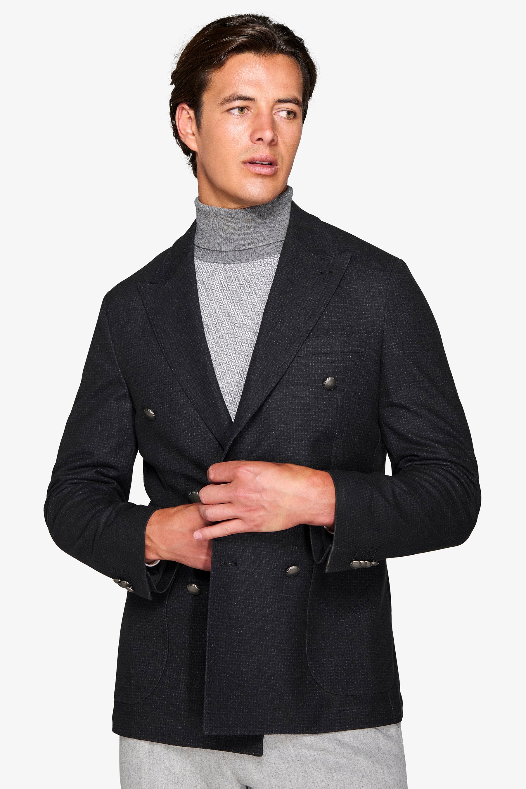 Giacca doppiopetto micro quadro nero-Dan John