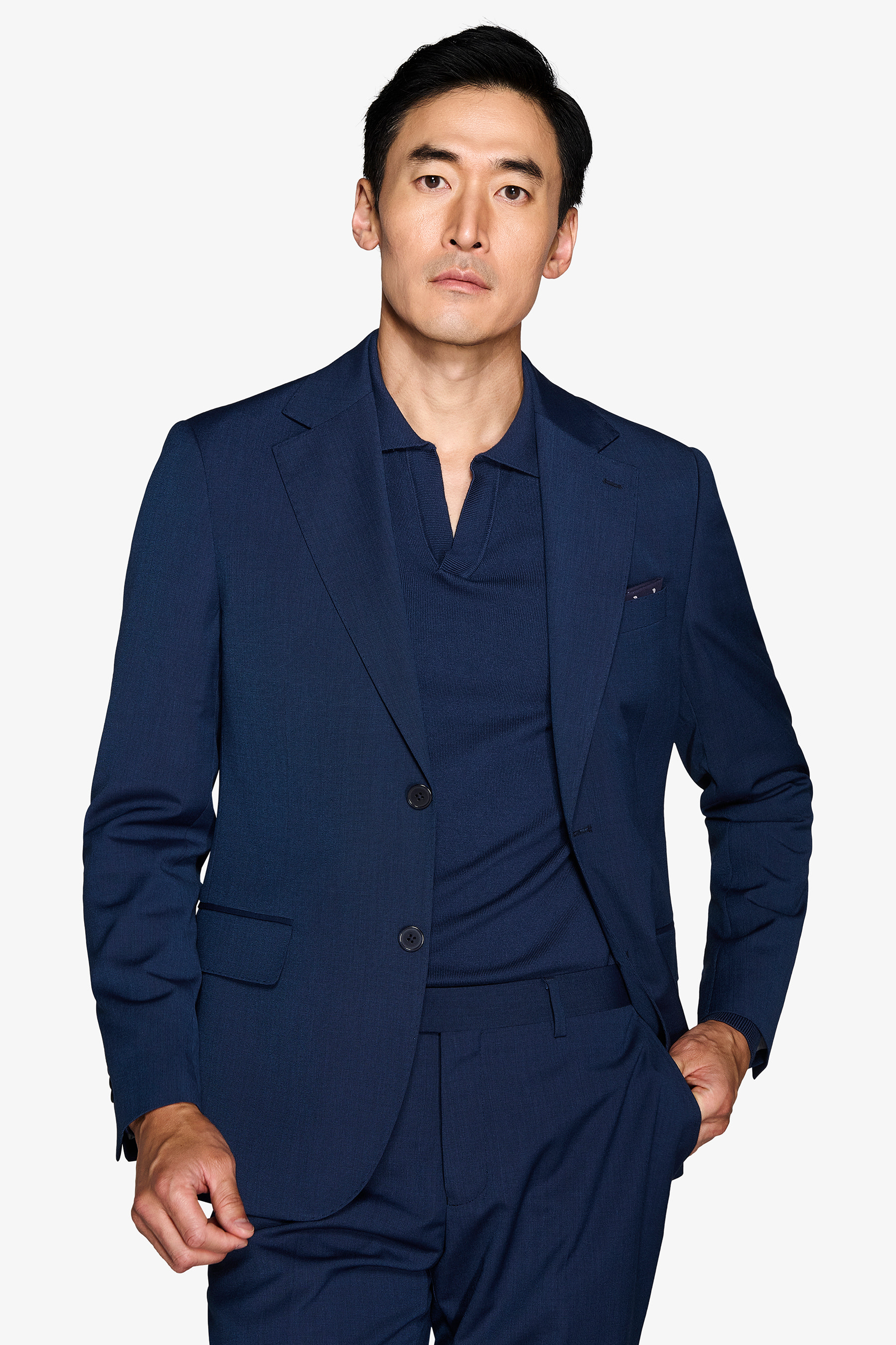 Giacca da abito trama punto a spillo blu slim-Dan John