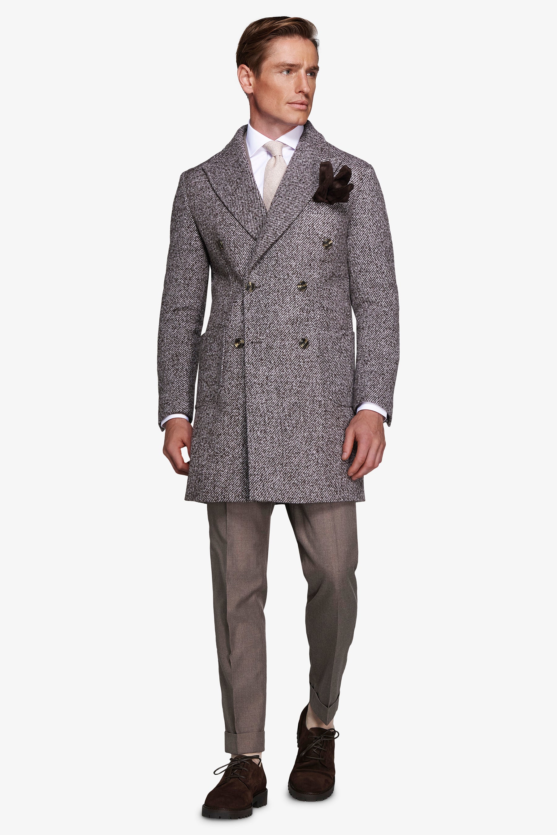 Taupe double-breasted coat in diagonal fabric