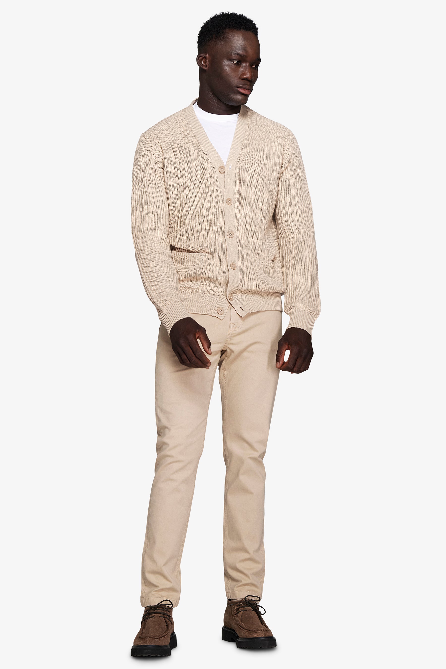 Jersey tipo cárdigan de canalé de punto inglés arena