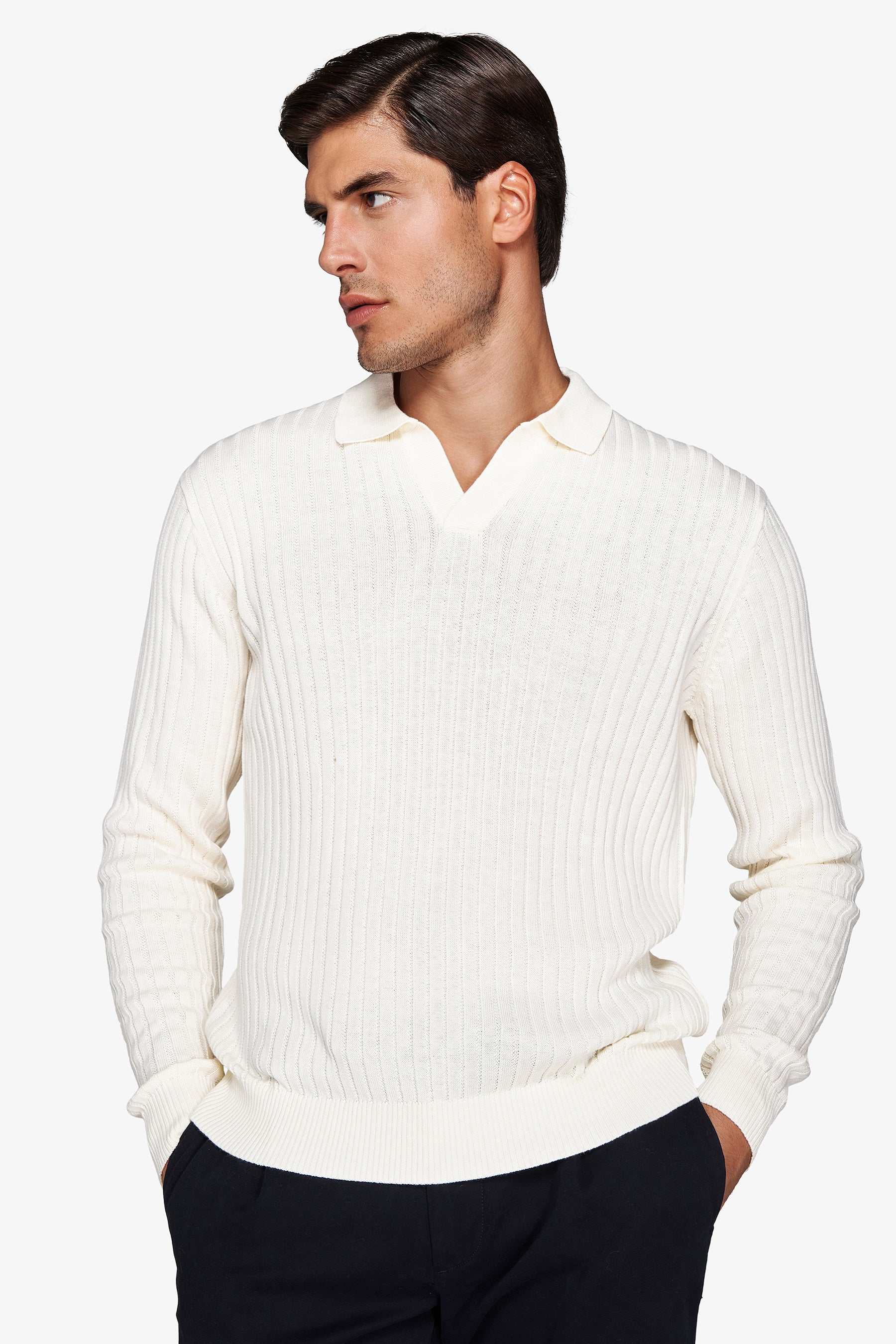 Polo in maglia collo aperto costa piatta panna