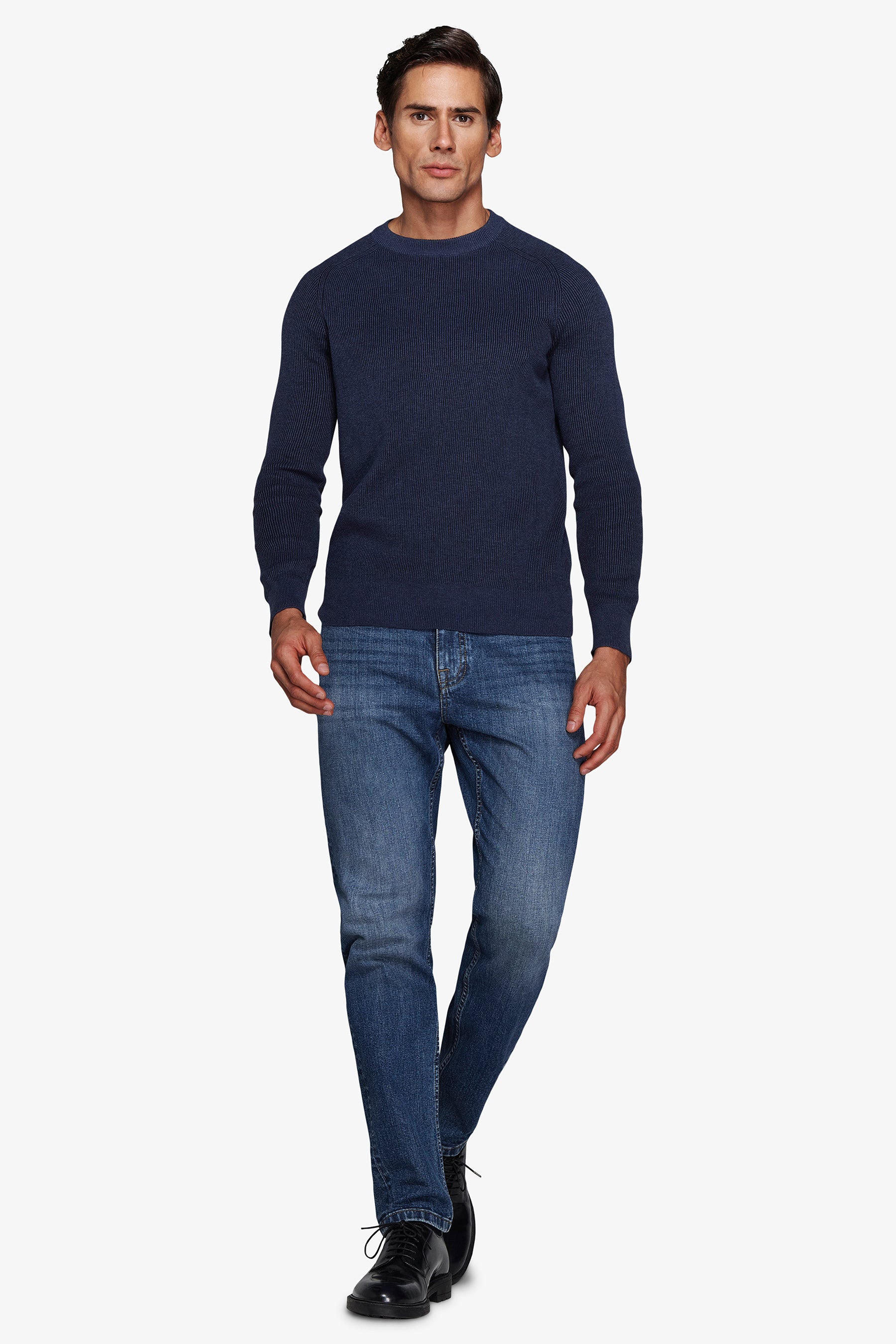 Pull ras-du-cou côtelé, vanisé bleu turquoise.