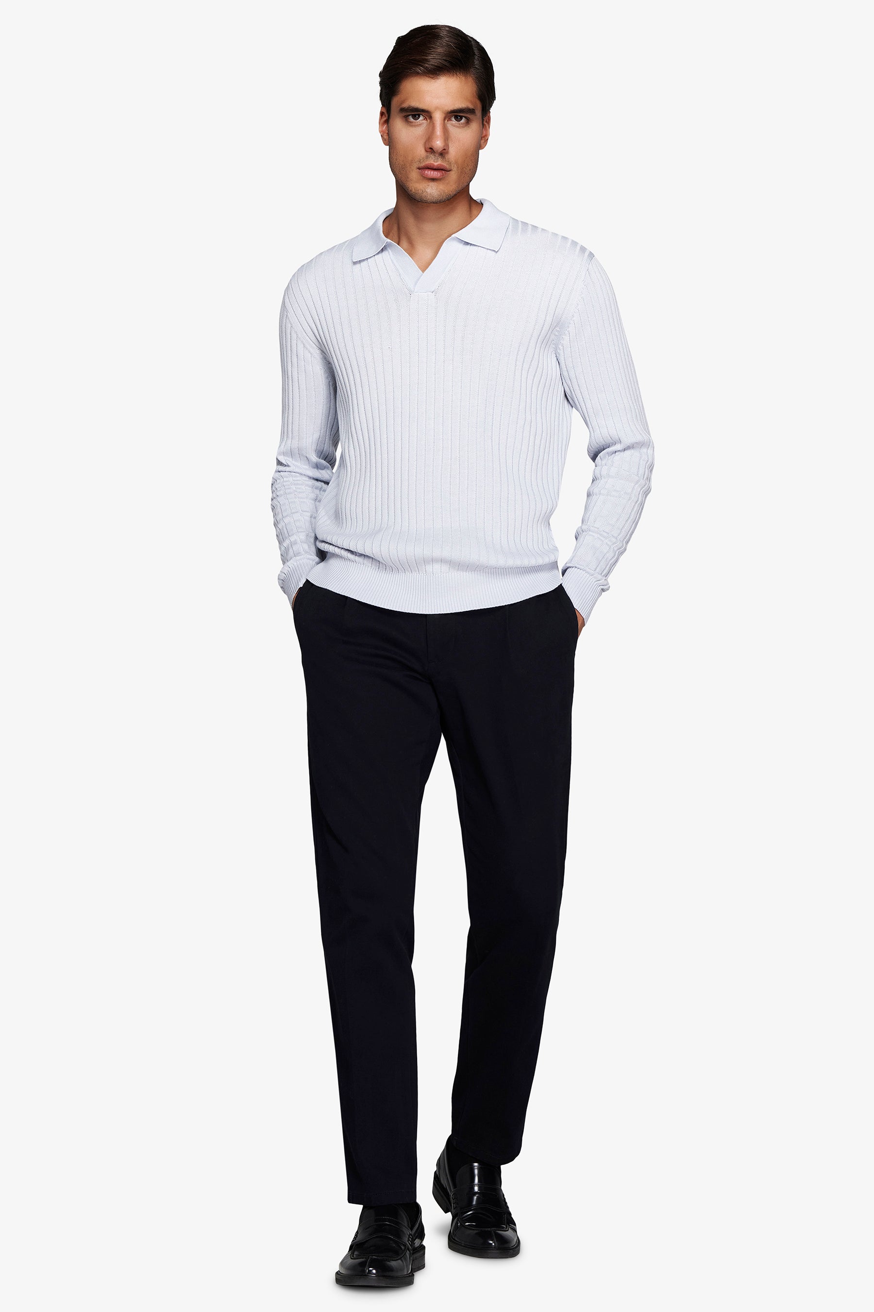 Polo in maglia collo aperto costa piatta celeste