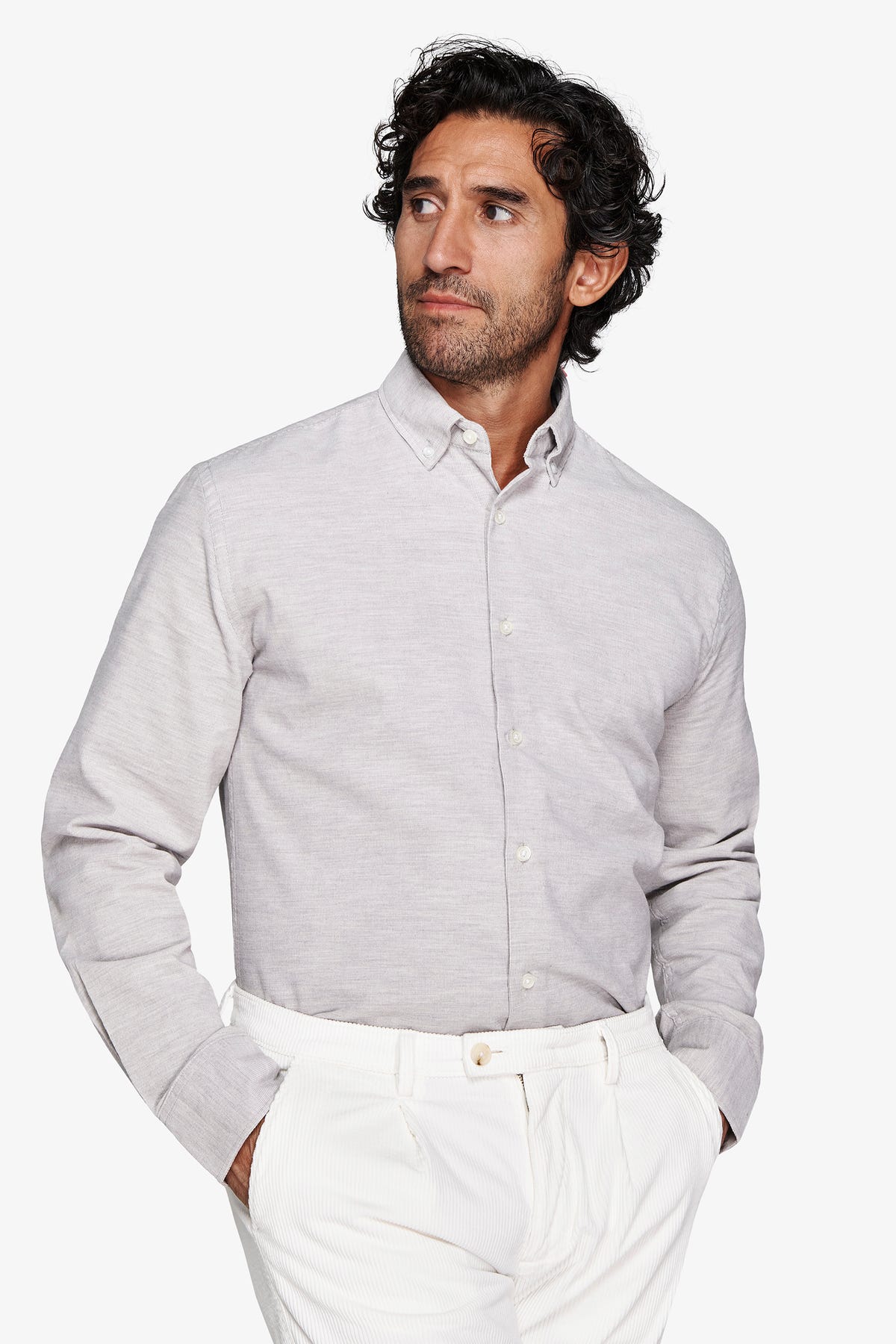 CAMICIA VELLUTO BOTTON DOWN GRIGIO CHIARO-Dan John