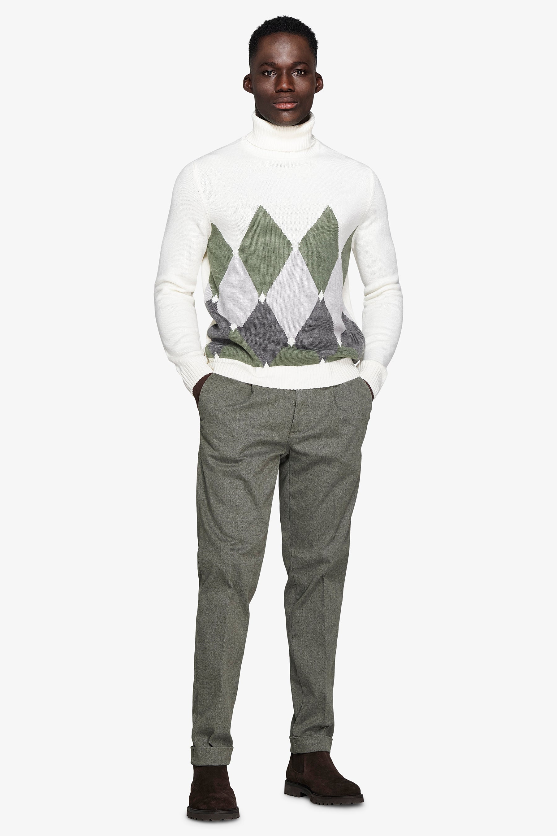 Pull à col roulé losanges crème