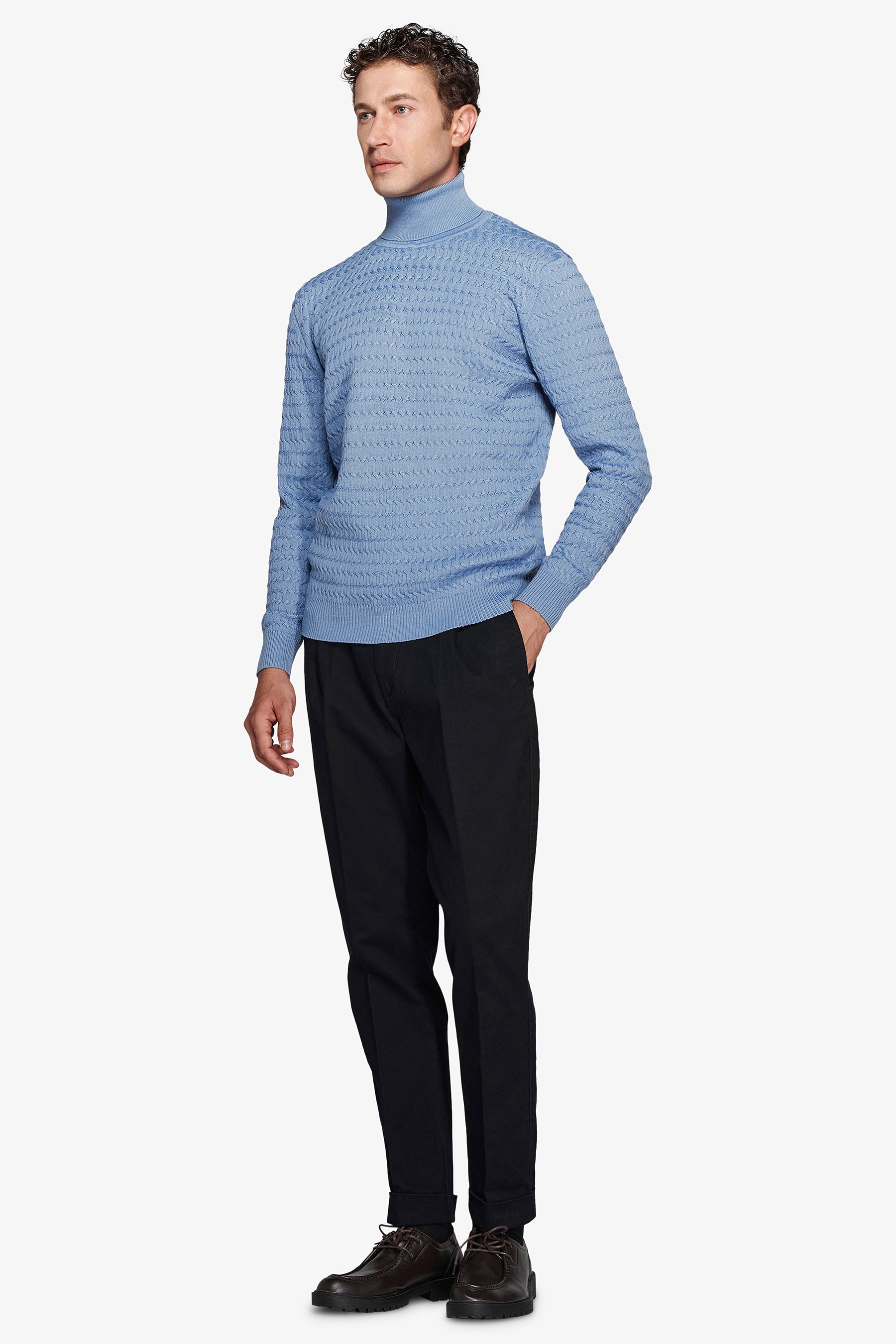 Light blue cable knit turtleneck sweater