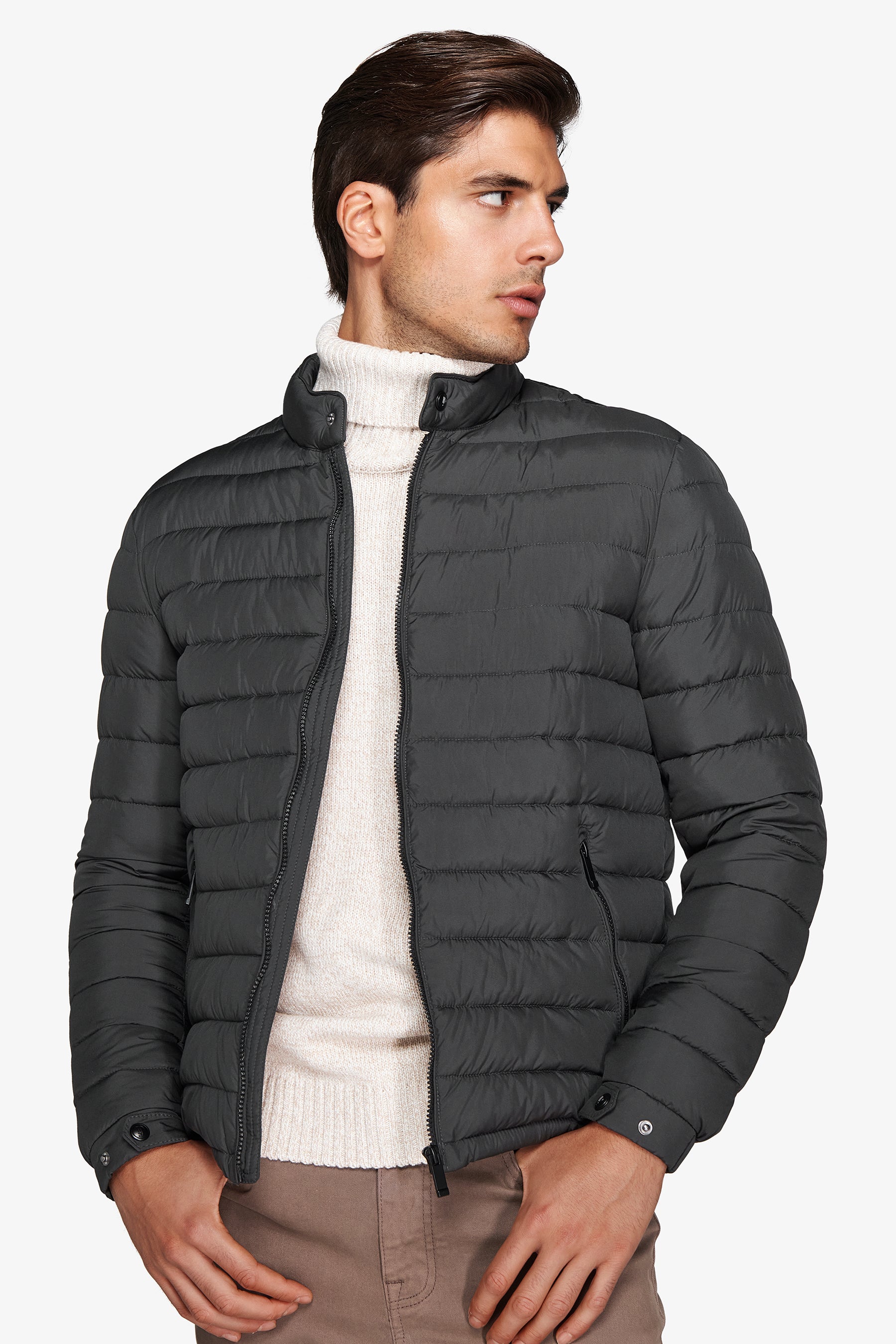 Green quilted full zip down jacket