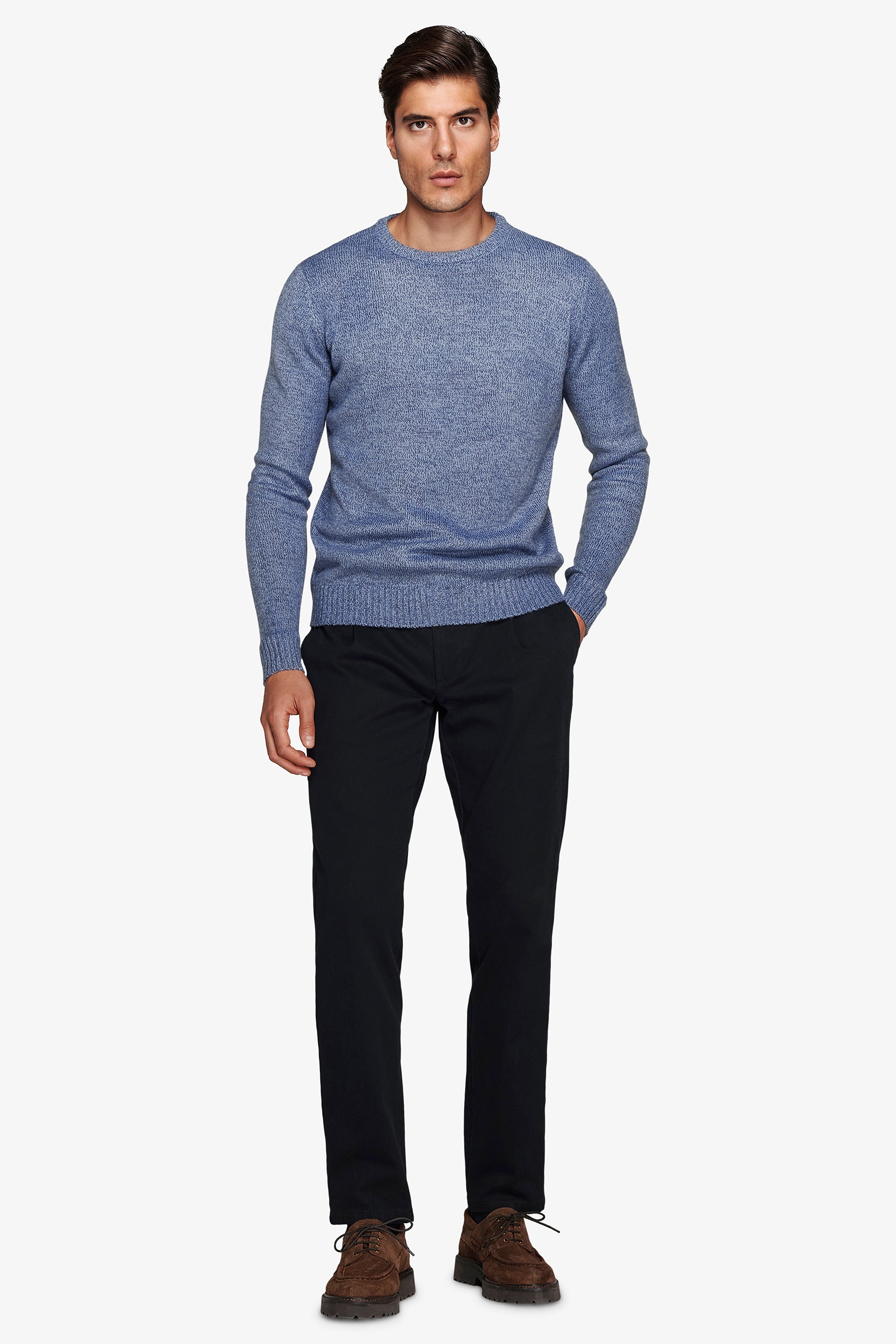 Pull col rond mouliné bleu gris