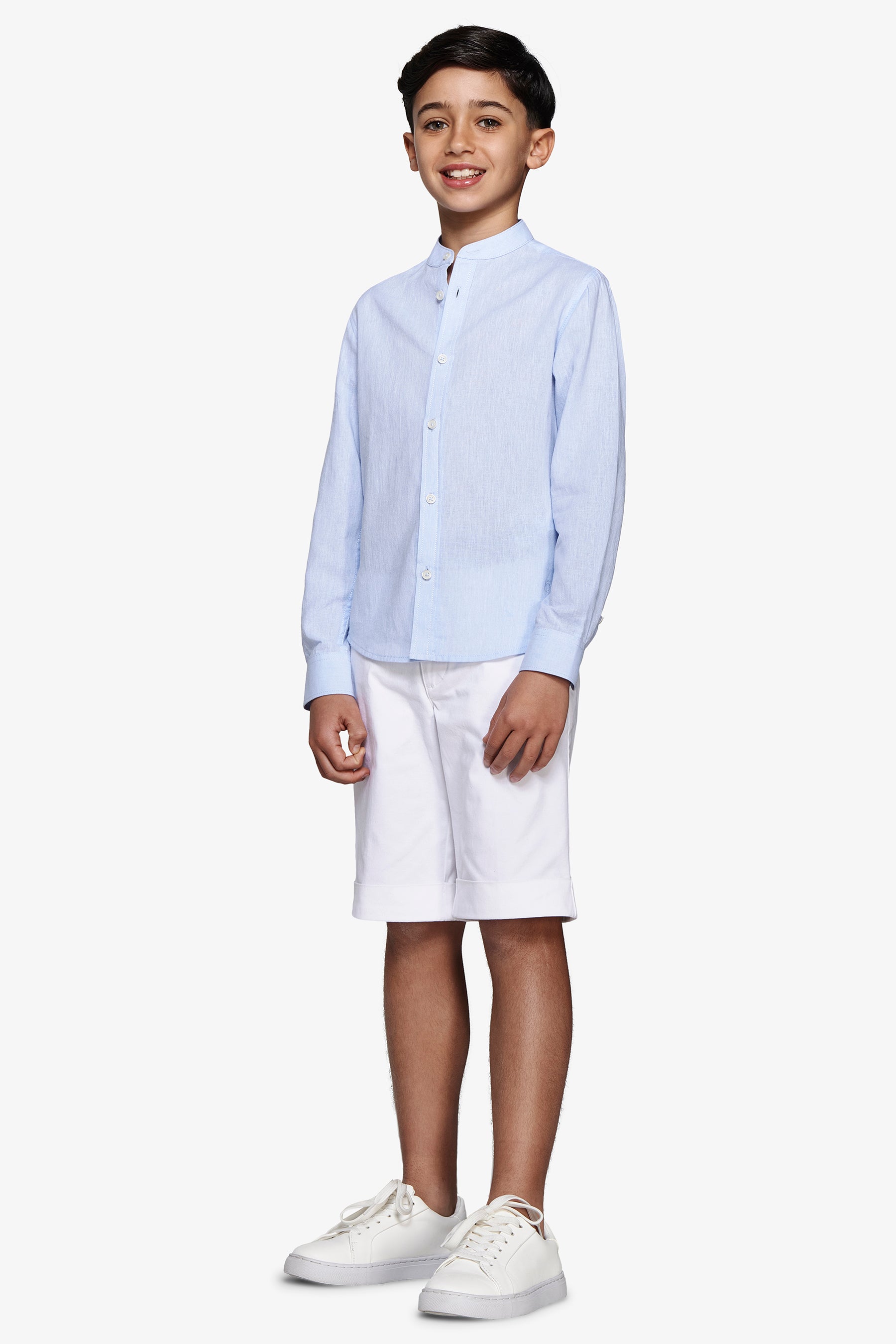 KIDS Light blue linen blend mandarin collar shirt