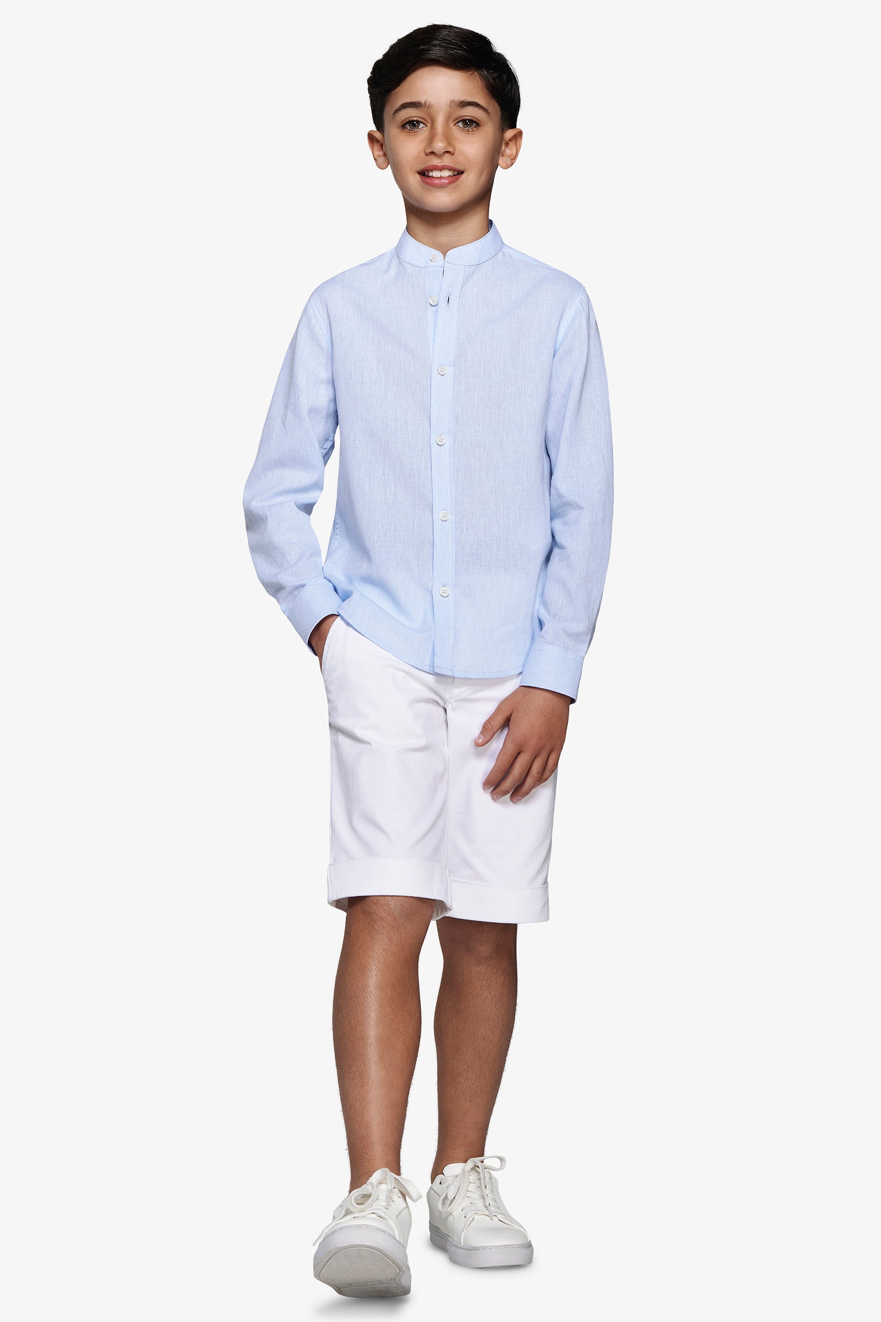 KIDS Light blue linen blend mandarin collar shirt