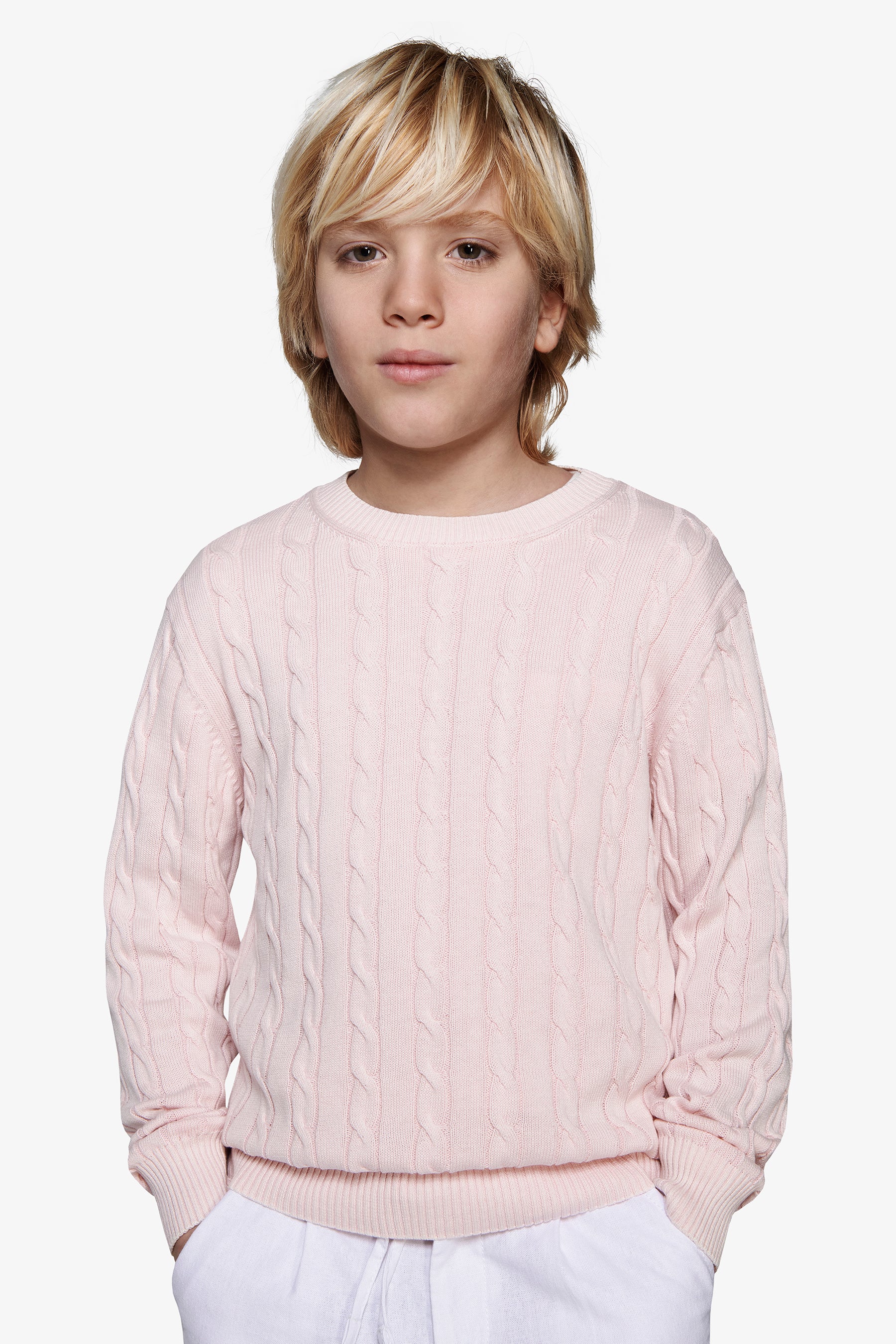 Pull col rond torsadé rose Kids