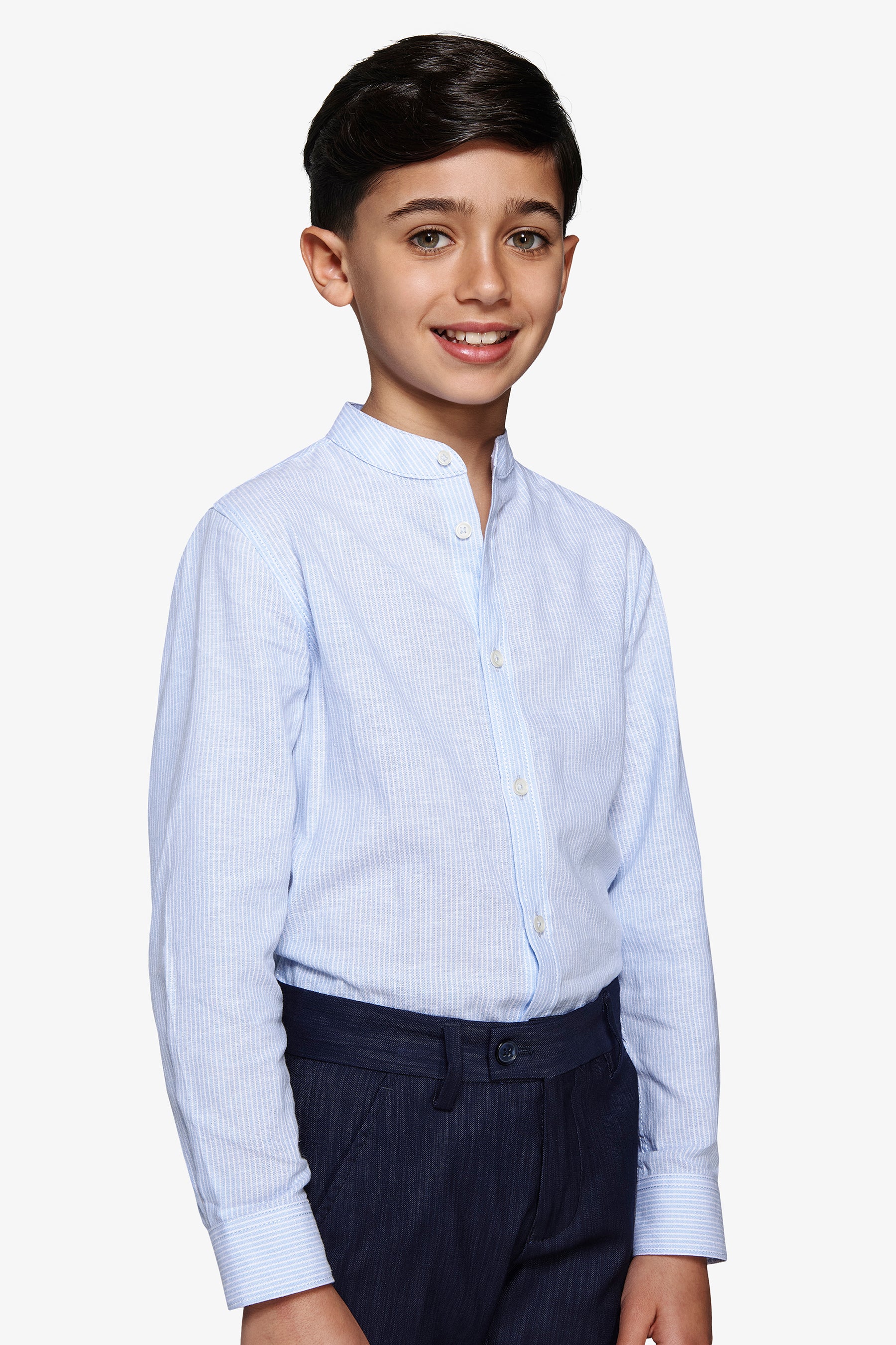 KIDS Light blue striped mandarin collar linen blend shirt